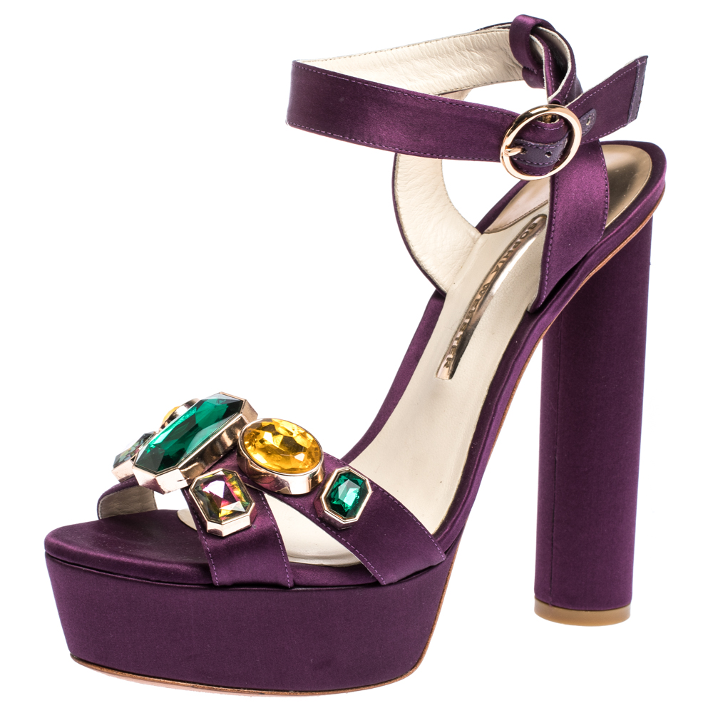 Pre Owned Sophia Webster Purple Satin Amanda Crystal Embellished Cross Strap Sandals Size 41