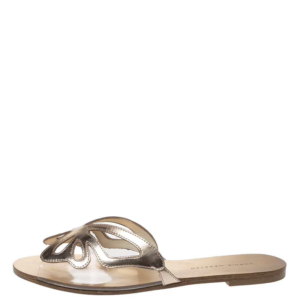 

Sophia Webster Metallic Bronze Leather And PVC Madame Butterfly Flat Slides Size