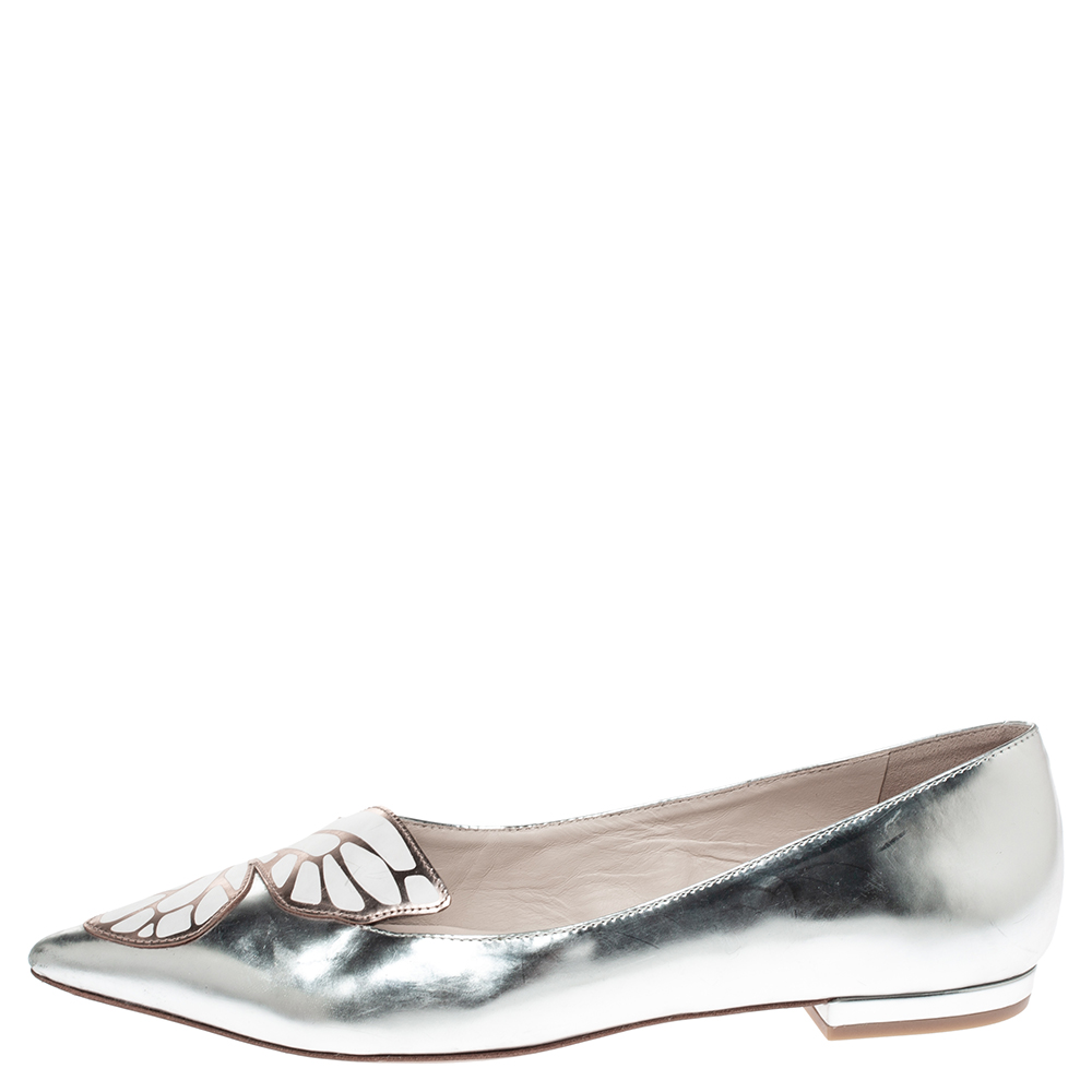 

Sophia Webster Metallic Silver Leather Bibi Butterfly Pointed Toe Ballet Flats Size