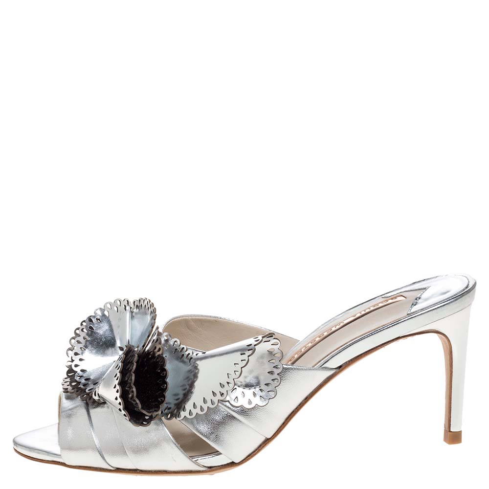 

Sophia Webster Metallic Silver Laser Cut Leather Soleil Mules Size