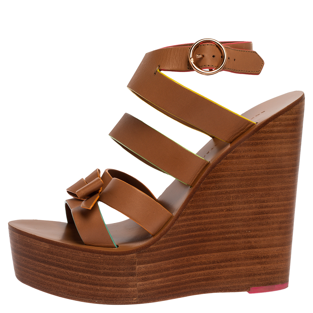 

Sophia Webster Brown Leather Samara Strappy Wedge Platform Ankle Strap Sandals Size