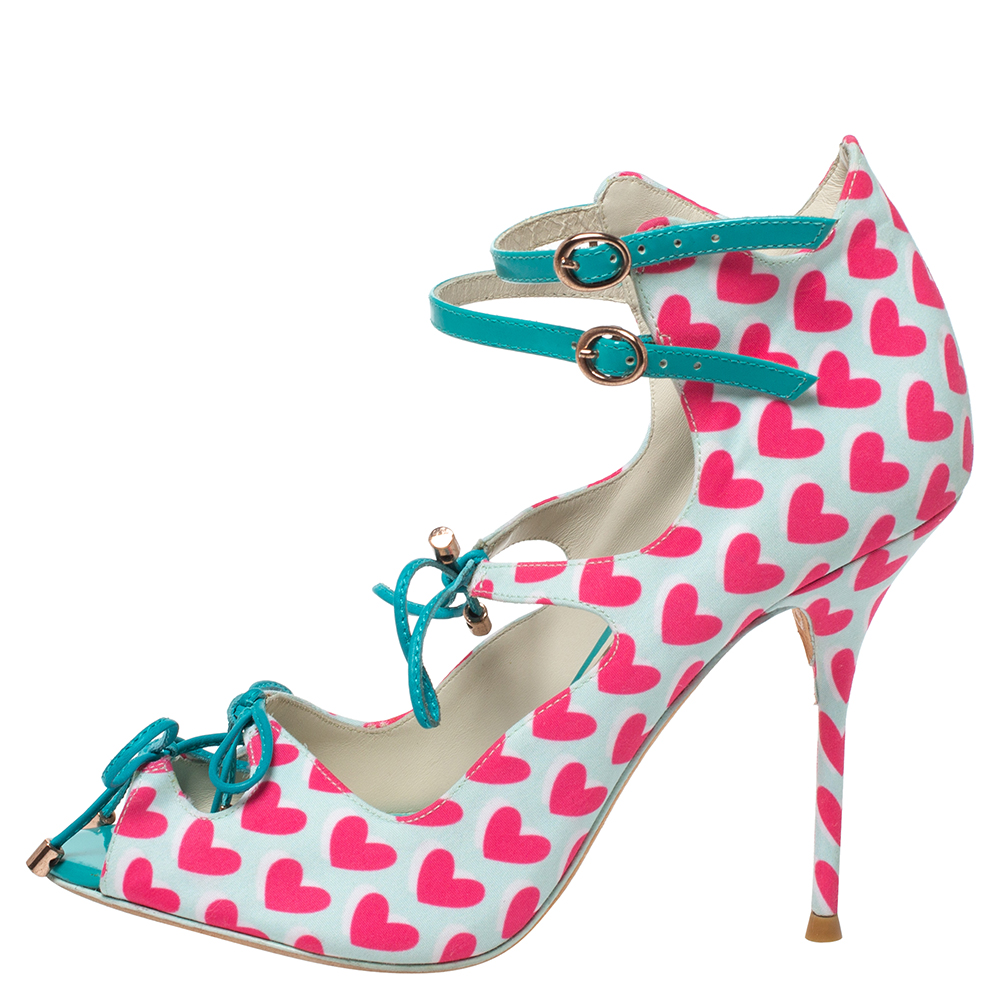 

Sophia Webster Pink/Multicolor Nylon And Leather Heart Print Sandals Size