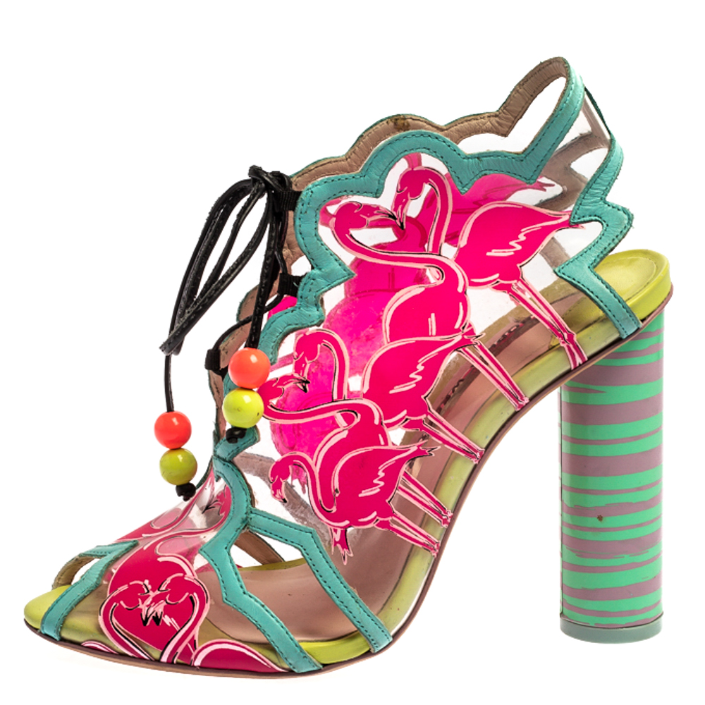 

Sophia Webster Multicolor PVC And Leather Trim Flamingo Ankle Wrap Sandals Size