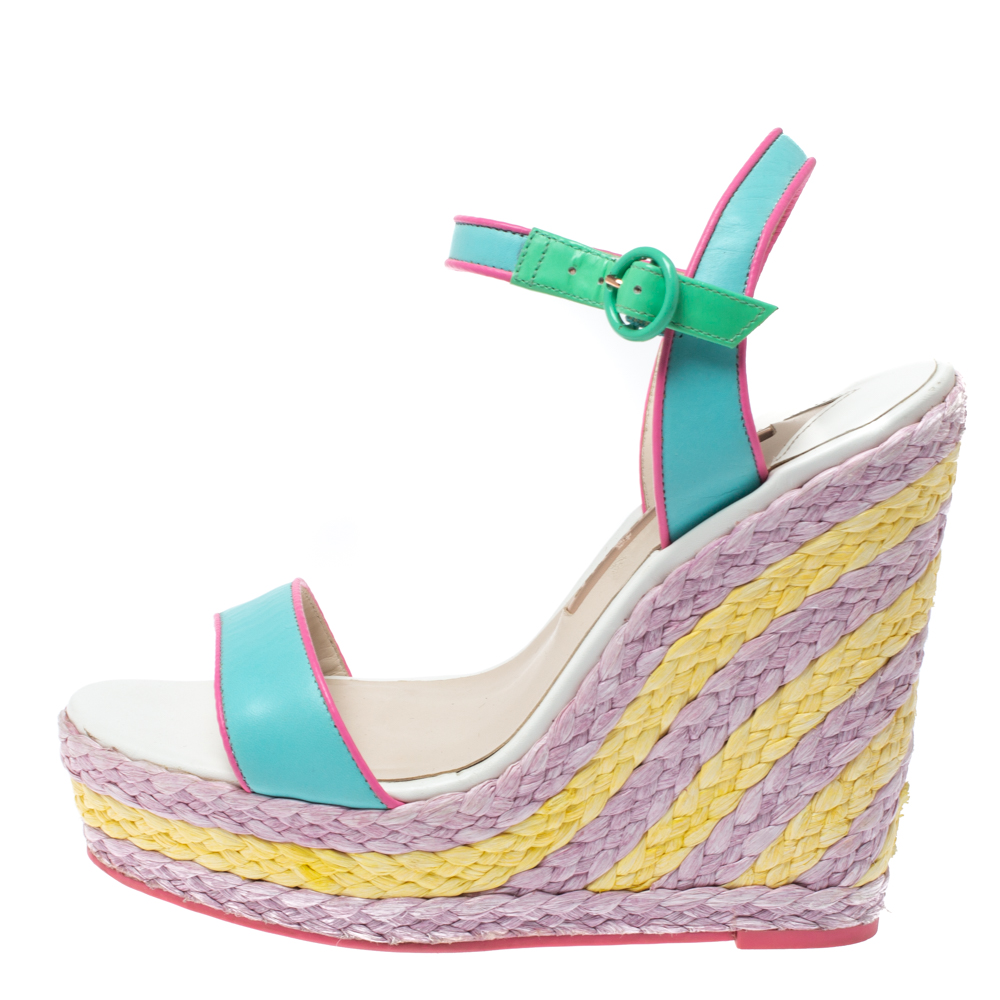 

Sophia Webster Multicolor Leather Lucita Raffia Wedge Platform Ankle Strap Sandals Size