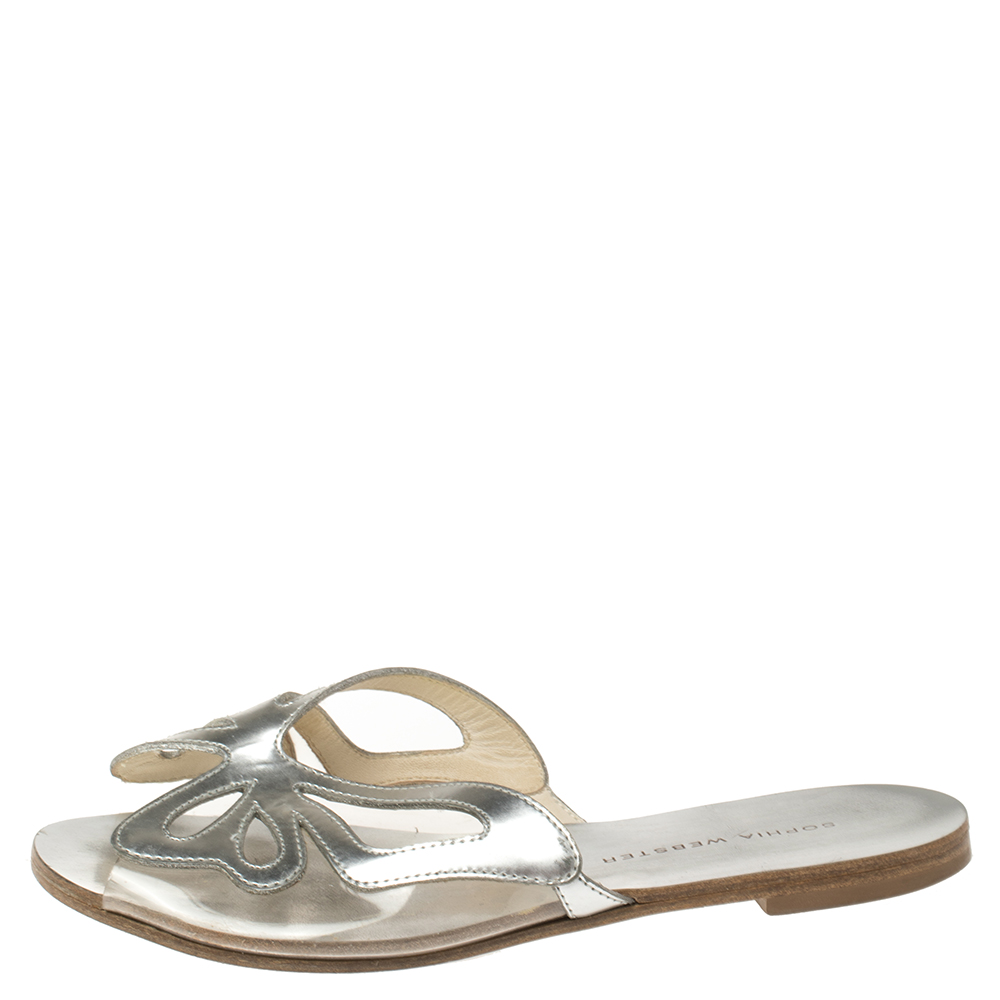 

Sophia Webster Silver Leather And PVC Madame Butterfly Flat Slides Size