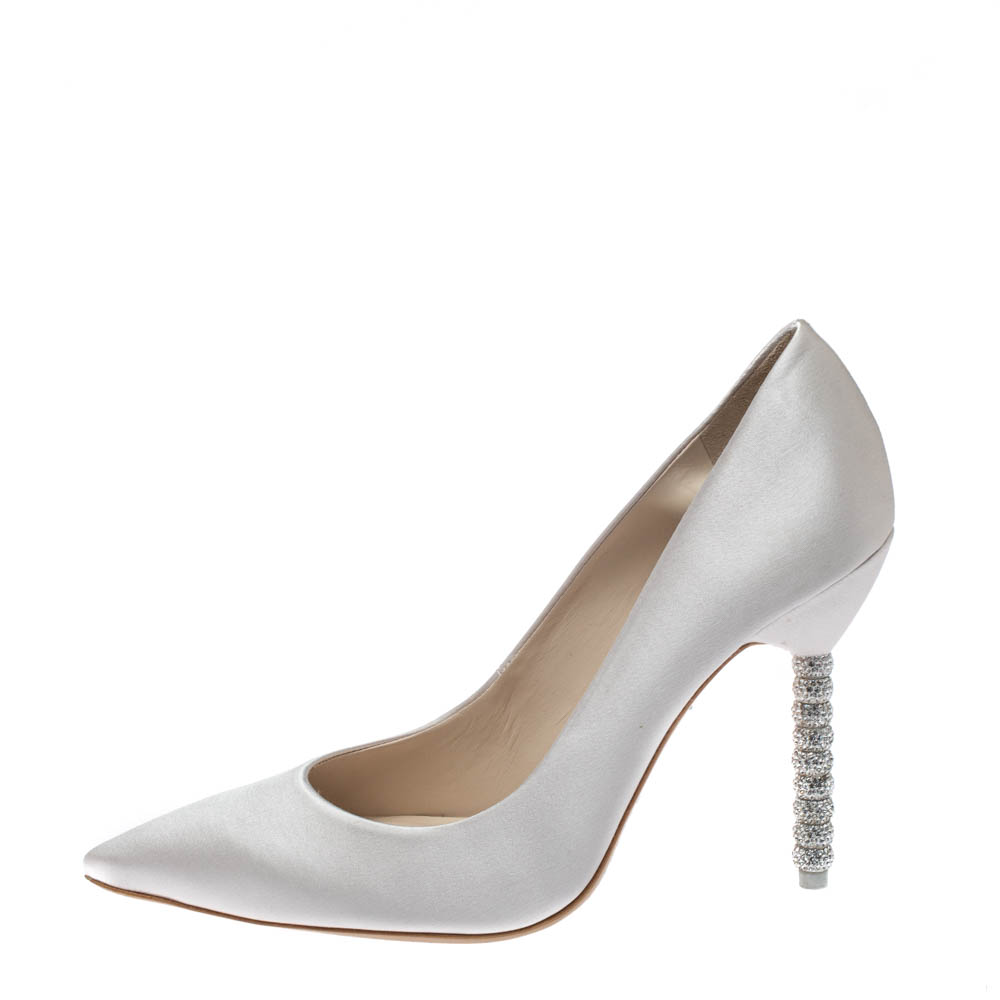 

Sophia Webster White Ivory Satin Coco Crystal Embellished Heel Pumps Size