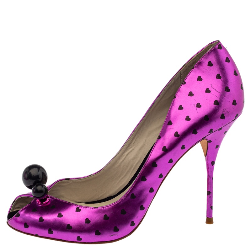 

Sophia Webster Metallic Purple Heart Print Leather Loren Peep Toe Pumps Size