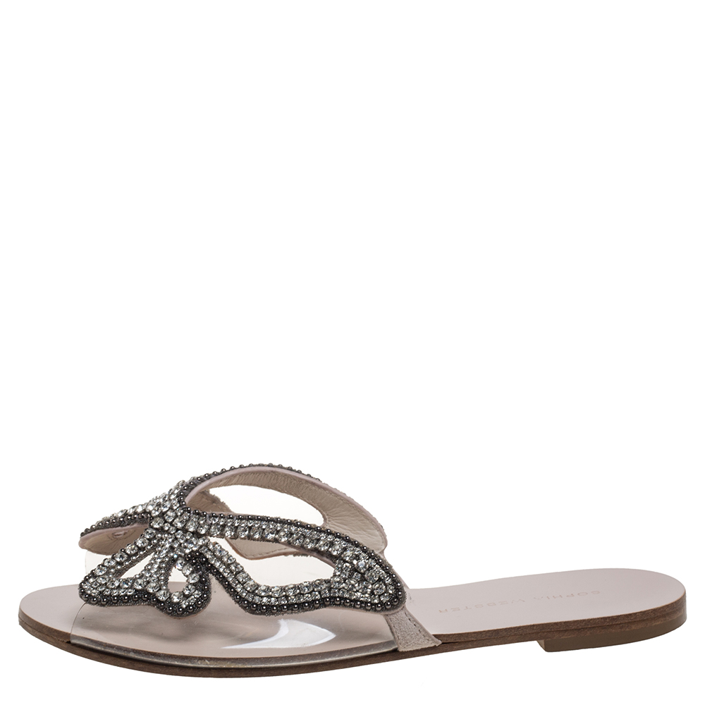 

Sophia Webster Beige Butterfly Crystal Embellished Suede and PVC Madame Flat Sandals Size