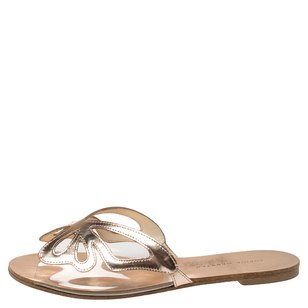 

Sophia Webster Metallic Rose Gold Leather And PVC Madame Butterfly Flat Slides Size