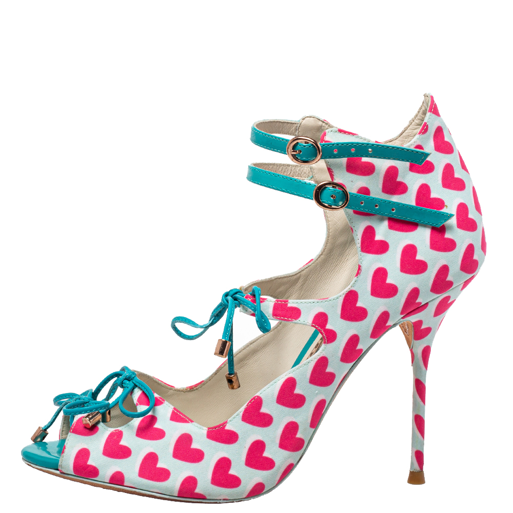 

Sophia Webster Pink/Blue Heart Print Canvas And Patent Leather Sandals Size