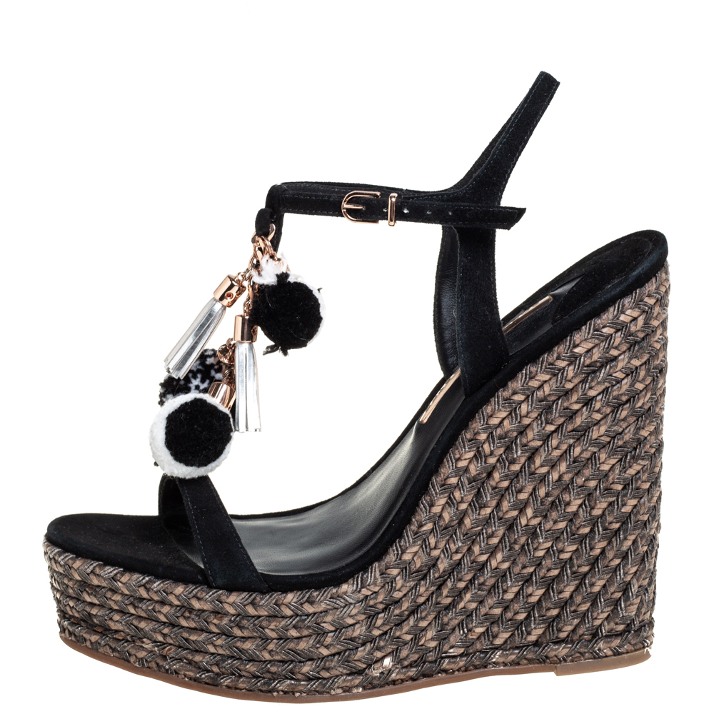 

Sophia Webster Black Suede Pom Pom Lucita Espadrille Wedge Size