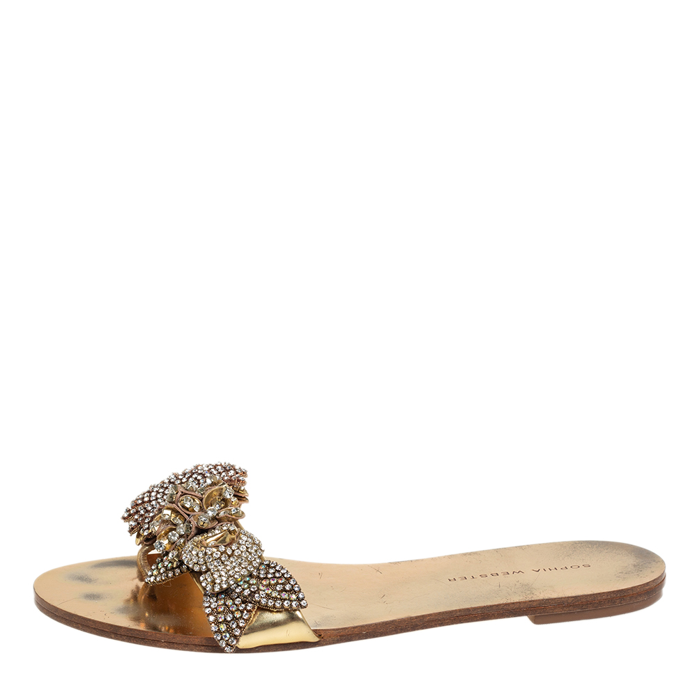 

Sophia Webster Metallic Gold Embellished Leather Lilico Flat Slides Size