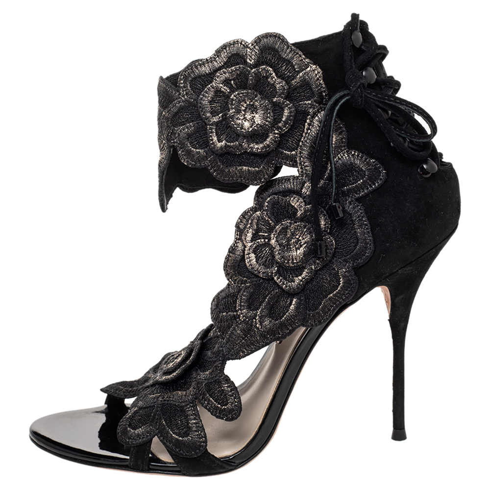 

Sophia Webster Black Lace And Suede Winona Floral Embroidered Ankle Cuff Sandals Size