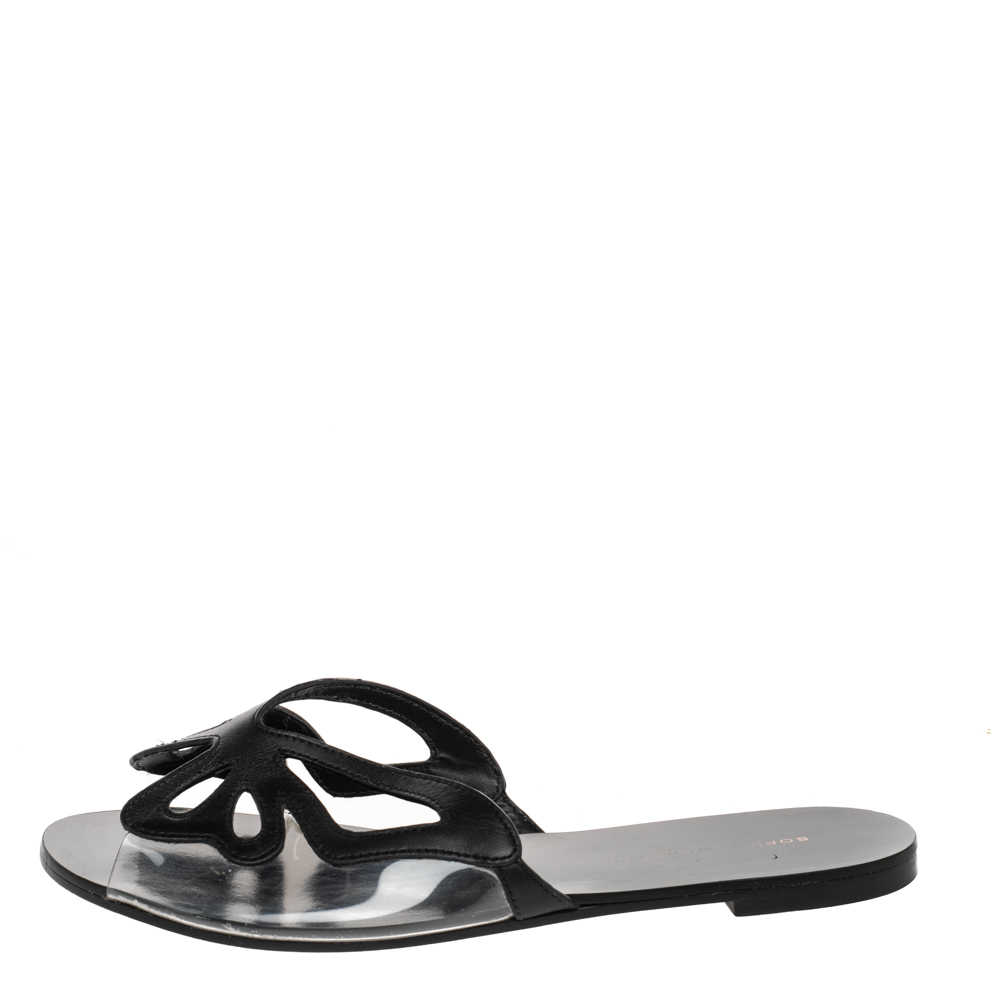 

Sophia Webster Black Leather And PVC Madame Butterfly Flat Slides Size