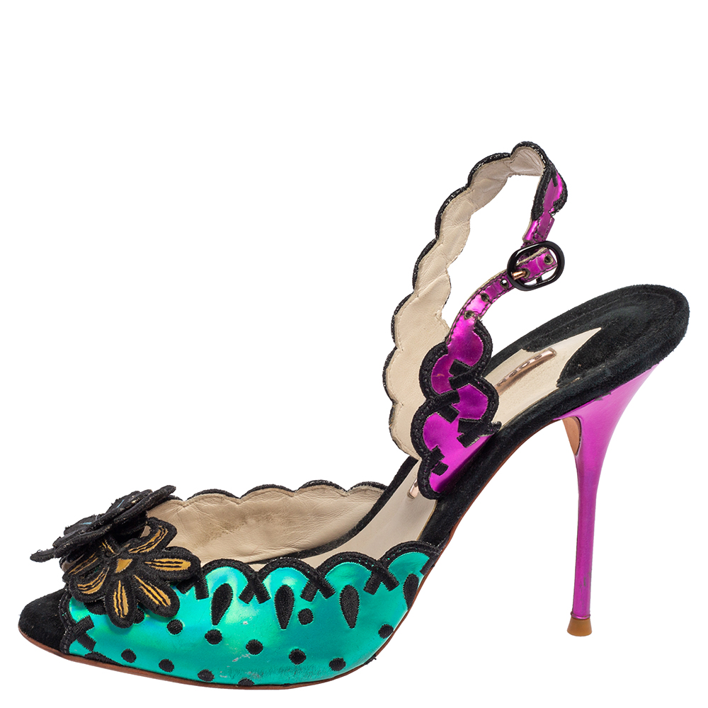 

Sophia Webster Multicolor Suede and Coated Fabric Floral Applique Slingback Sandals Size