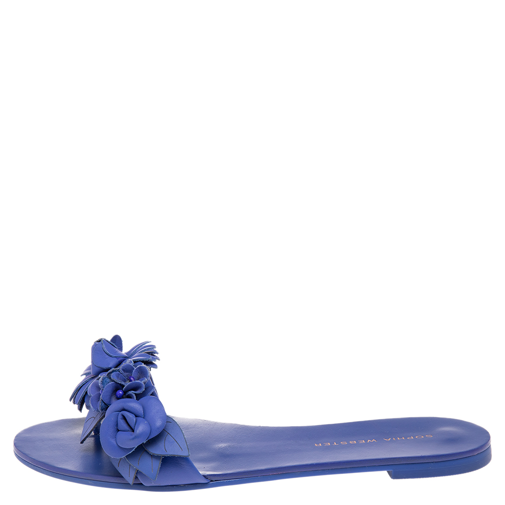 

Sophia Webster Blue Leather Lilico Floral Flat Slides Size