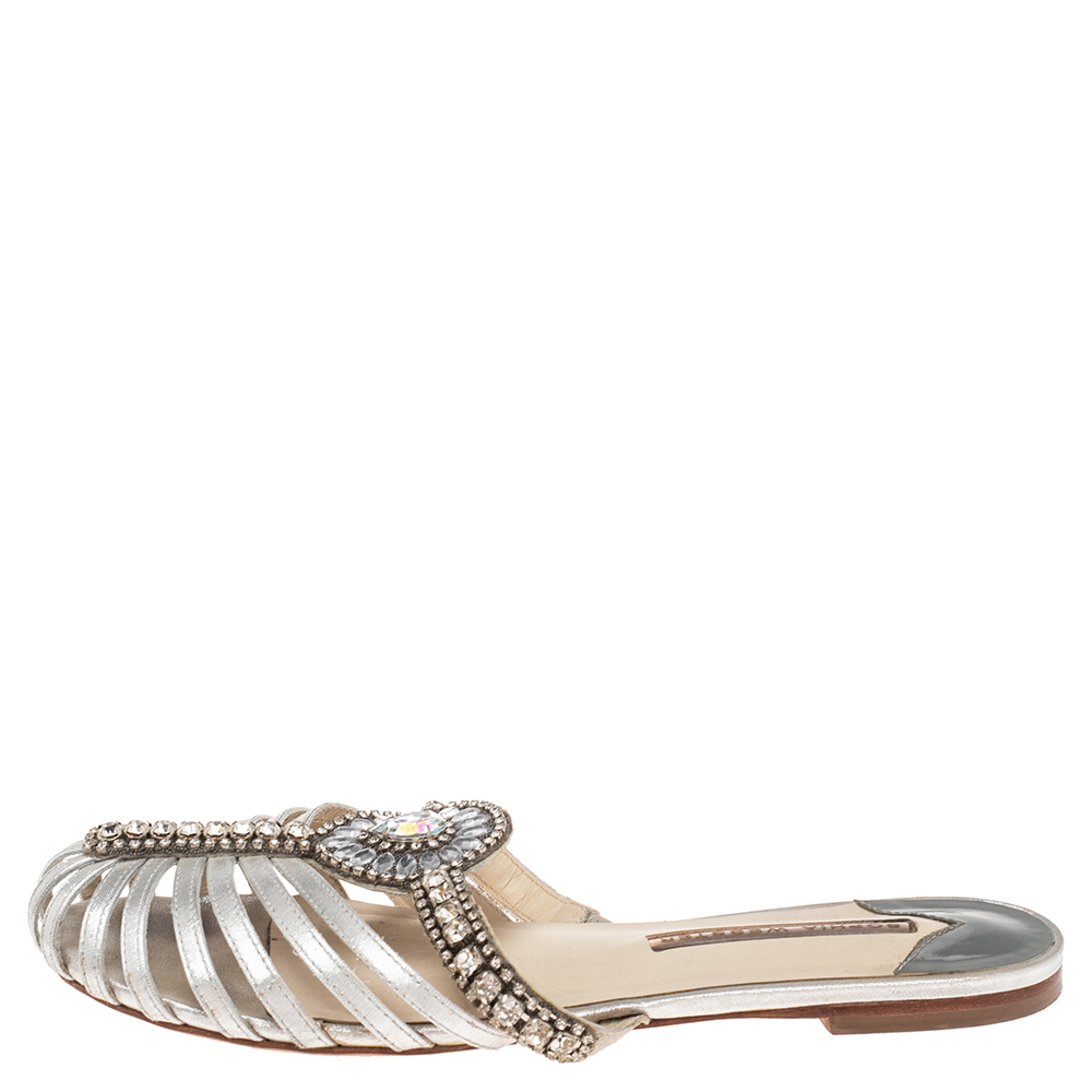 

Sophia Webster Silver Metallic Fabric Iridessa Jewelled Caged Flat Sandals Size