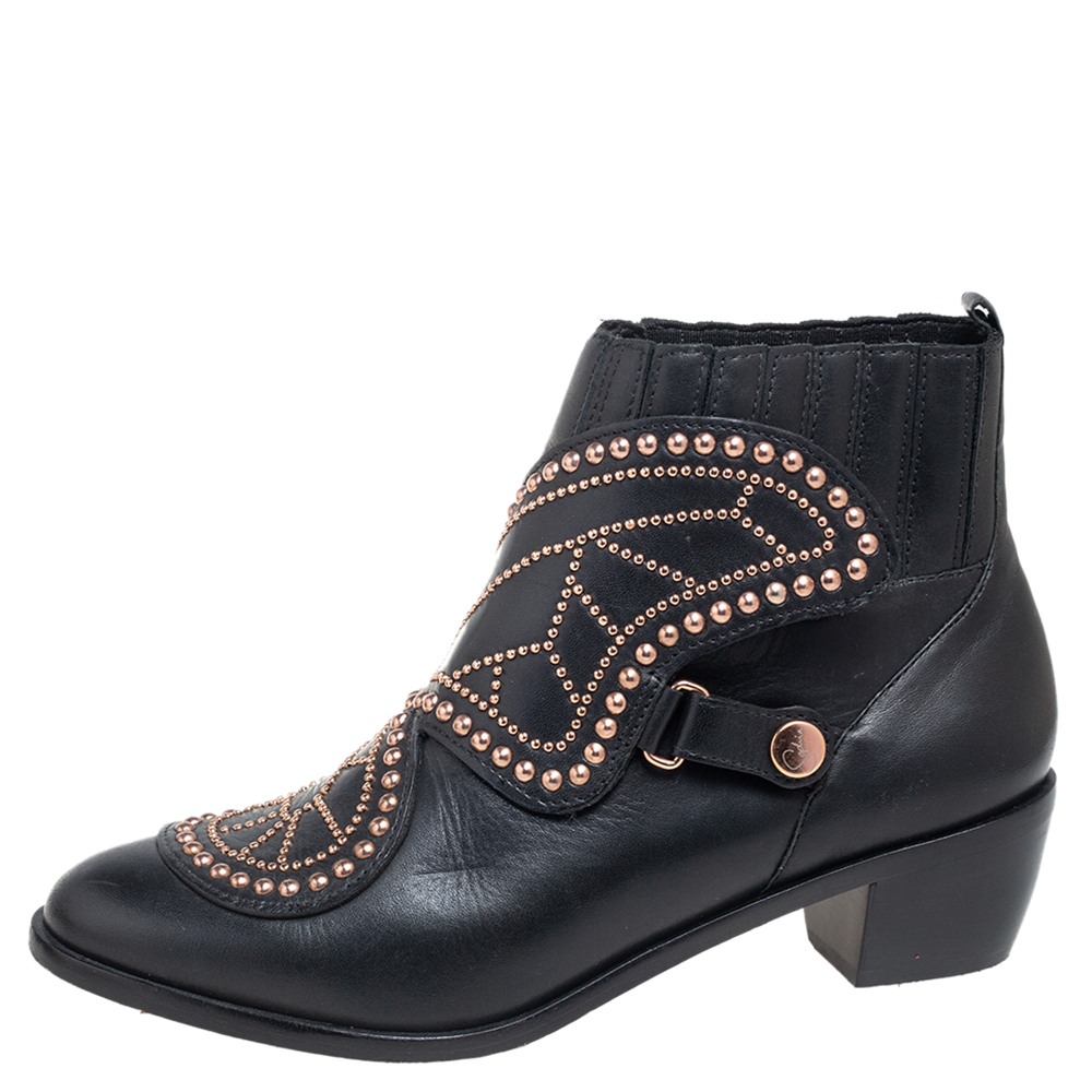 

Sophia Webster Black Leather Karina Butterfly Studded Ankle Boots Size