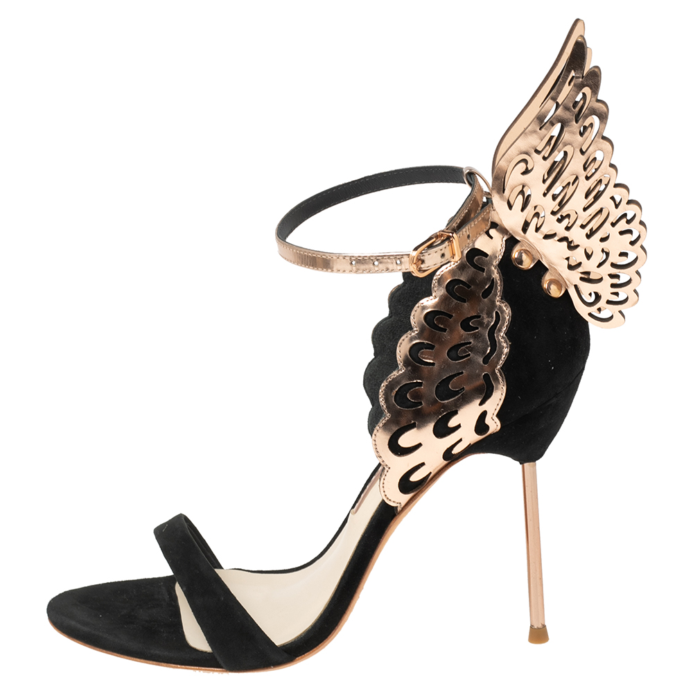 

Sophia Webster Black Suede and Laser Cut Rose Gold Leather Evangeline Sandals Size