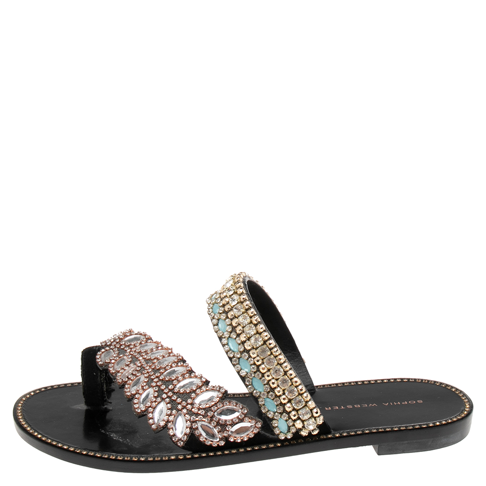 

Sophia Webster Black Suede Crystal Embellished Flat Sandals Size