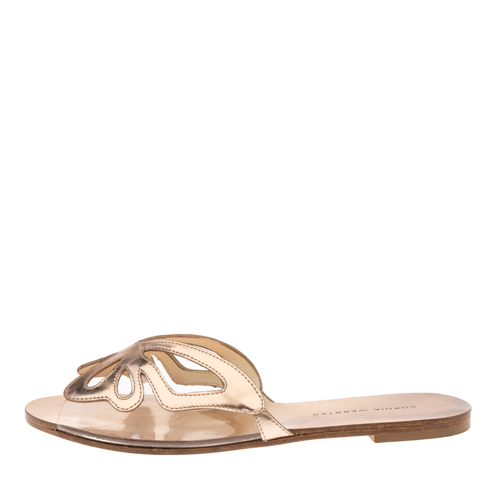 

Sophia Webster Metallic Rose Gold Leather And PVC Madame Butterfly Flat Slide Size