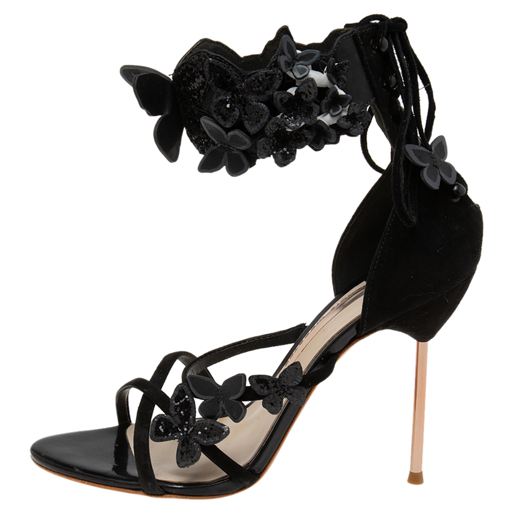 

Sophia Webster Black Suede And Patent Floral Embroidered Ankle Strap Sandals Size