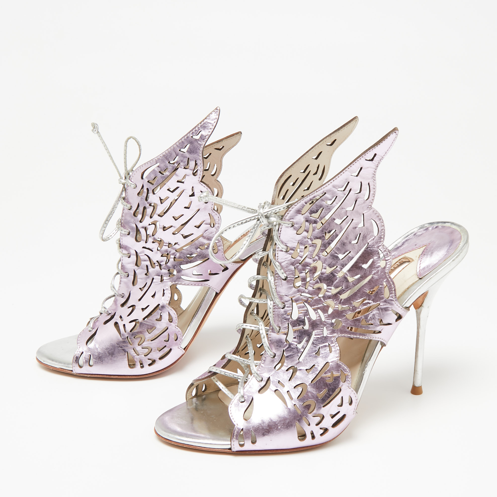 

Sophia Webster Metallic Purple Laser Cut Foil Leather Cherub Winged Lace Up Mule Sandals Size