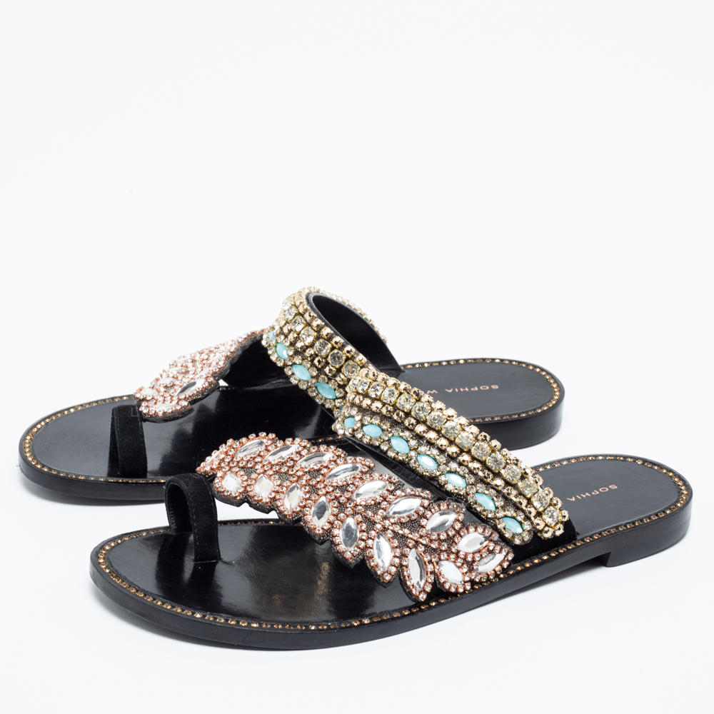 

Sophia Webster Black Leather Crystal Embellished Slide Flats Size