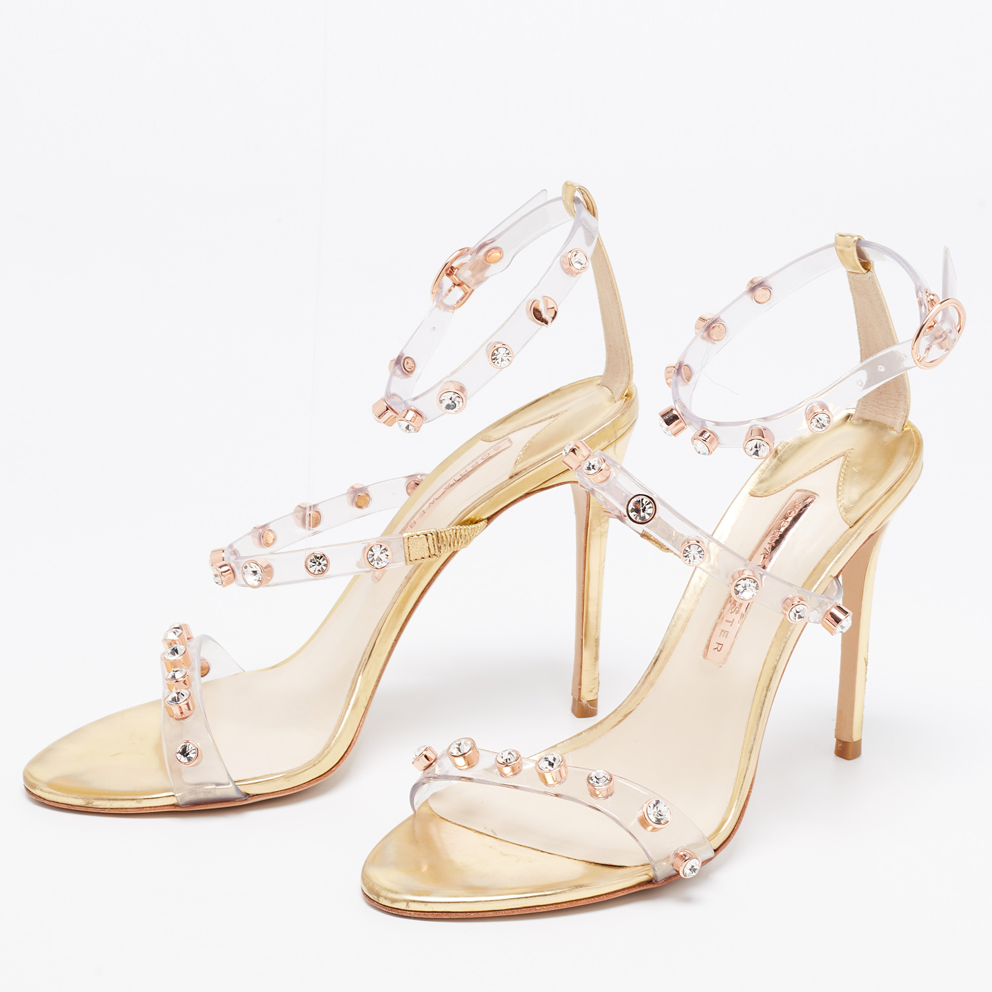 

Sophia Webster Metallic Gold PVC And Leather Rosalind Crystal Embellished Ankle Strap Sandals Size