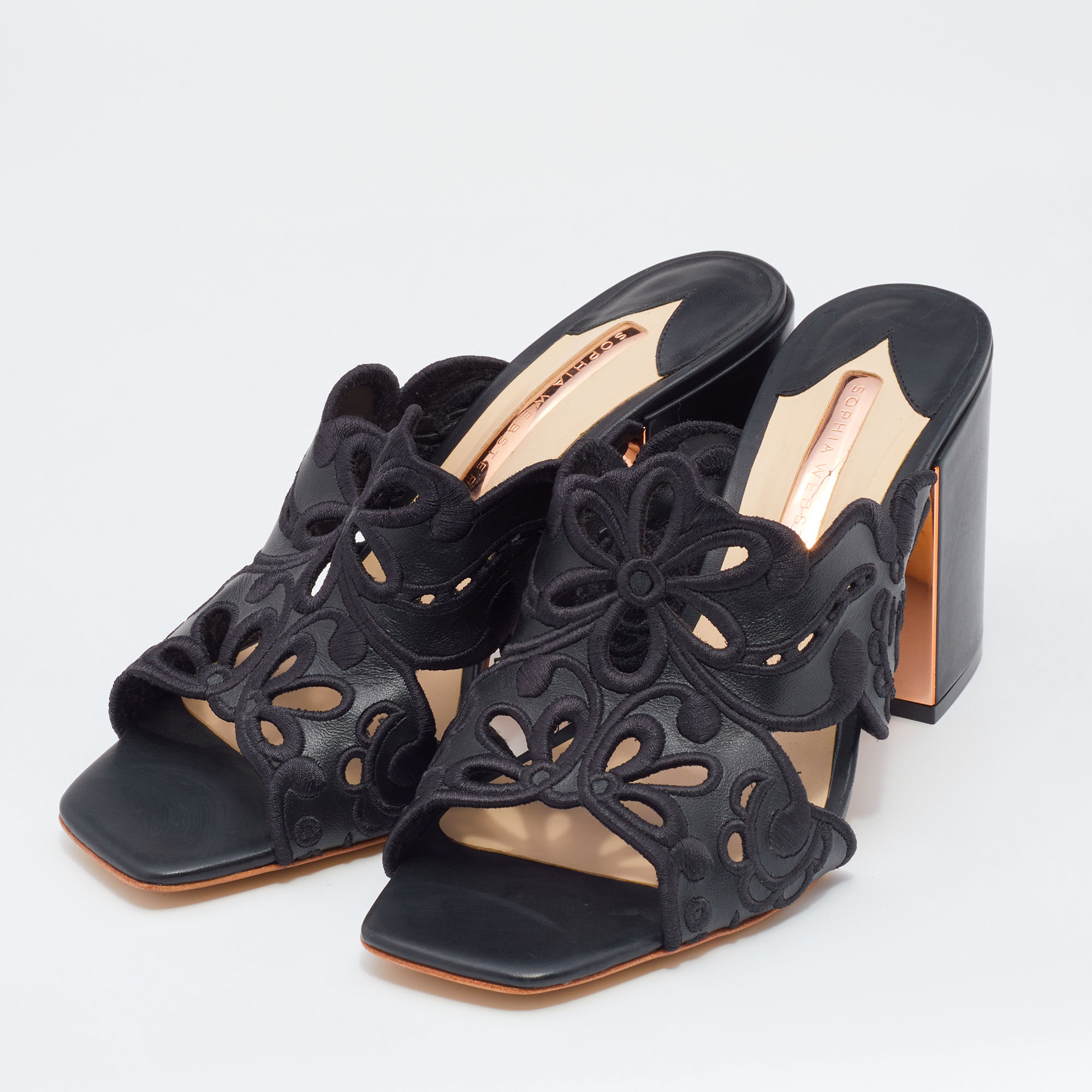 

Sophia Webster Black Leather And Lace Embroidery Laser Cut Block Heel Sandals Size