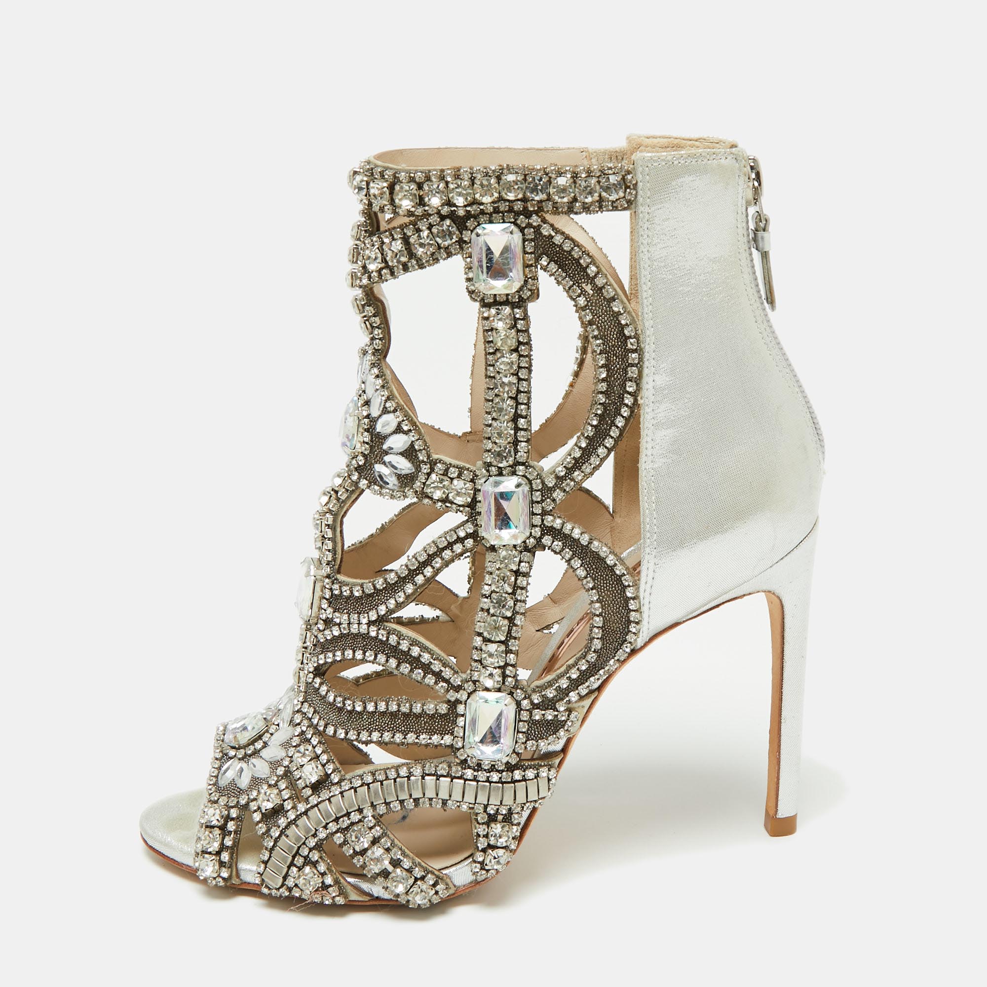 

Sophia Webster Silver Fabric and Leather Crystal Embellished Iridessa Caged Booties Size