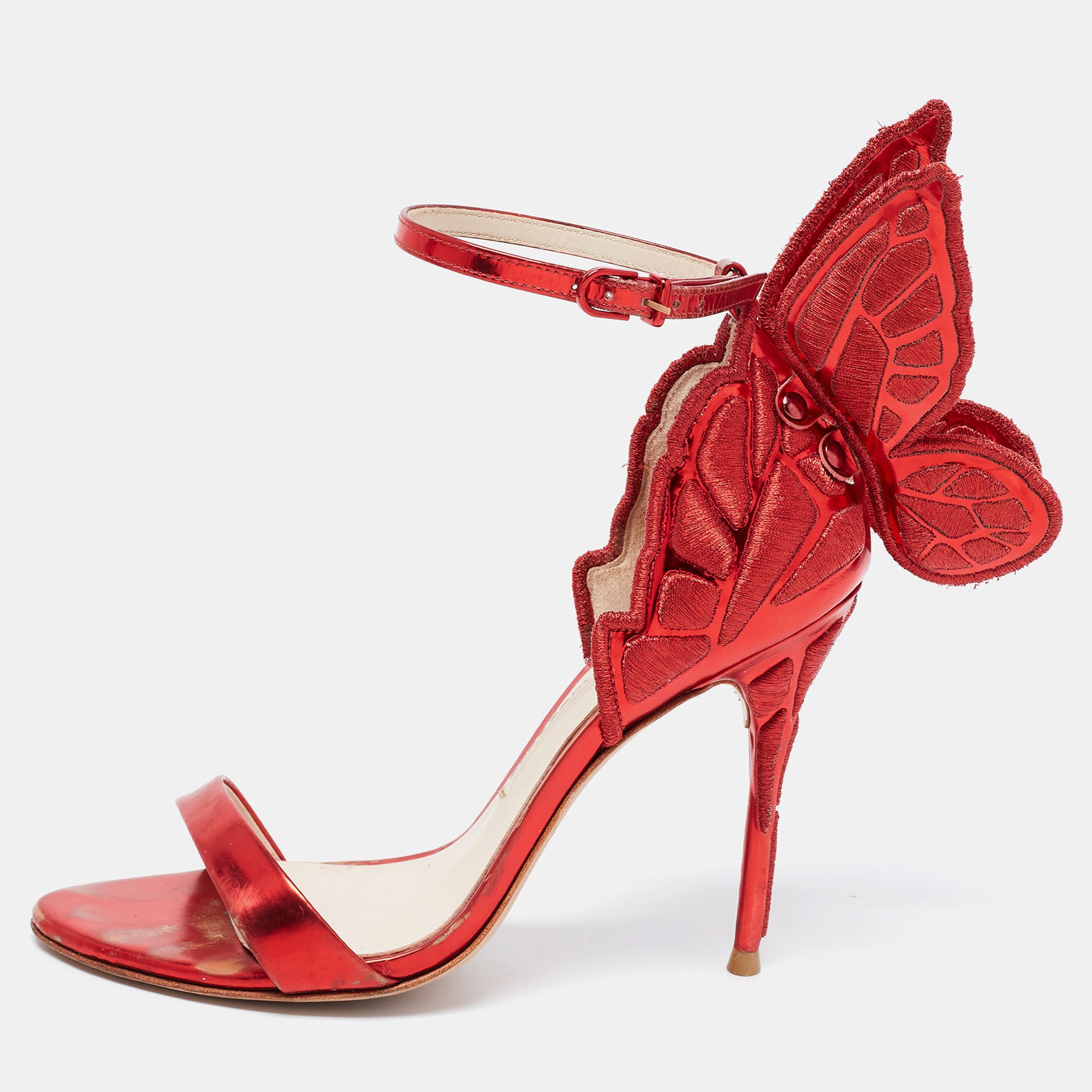 Pre-owned Sophia Webster Red Leather Chiara Butterfly Ankle Strap Sandals Size 36.5