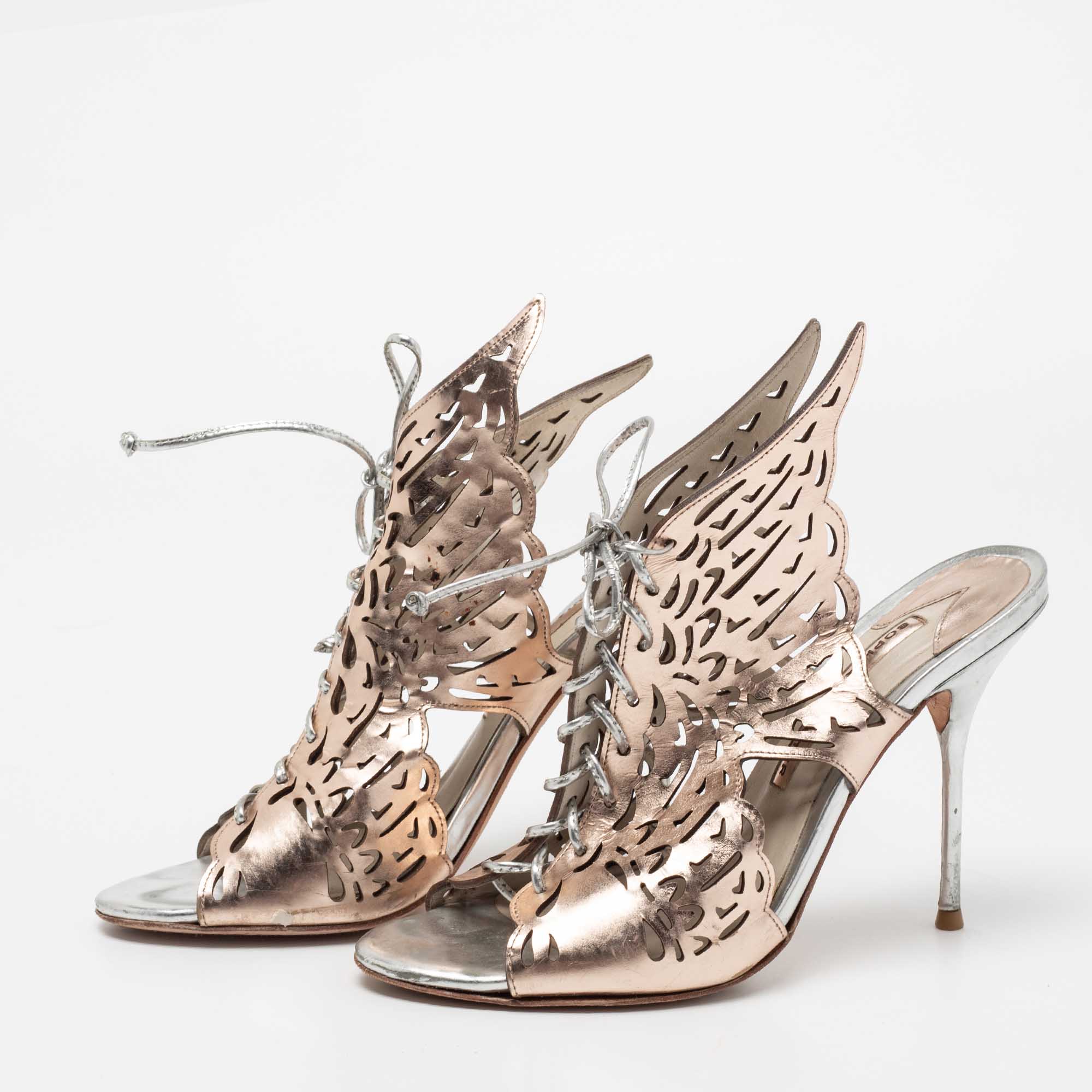 

Sophia Webster Rose Gold Laser Cut Leather Cherub Lace-Up Open Toe Mules Size