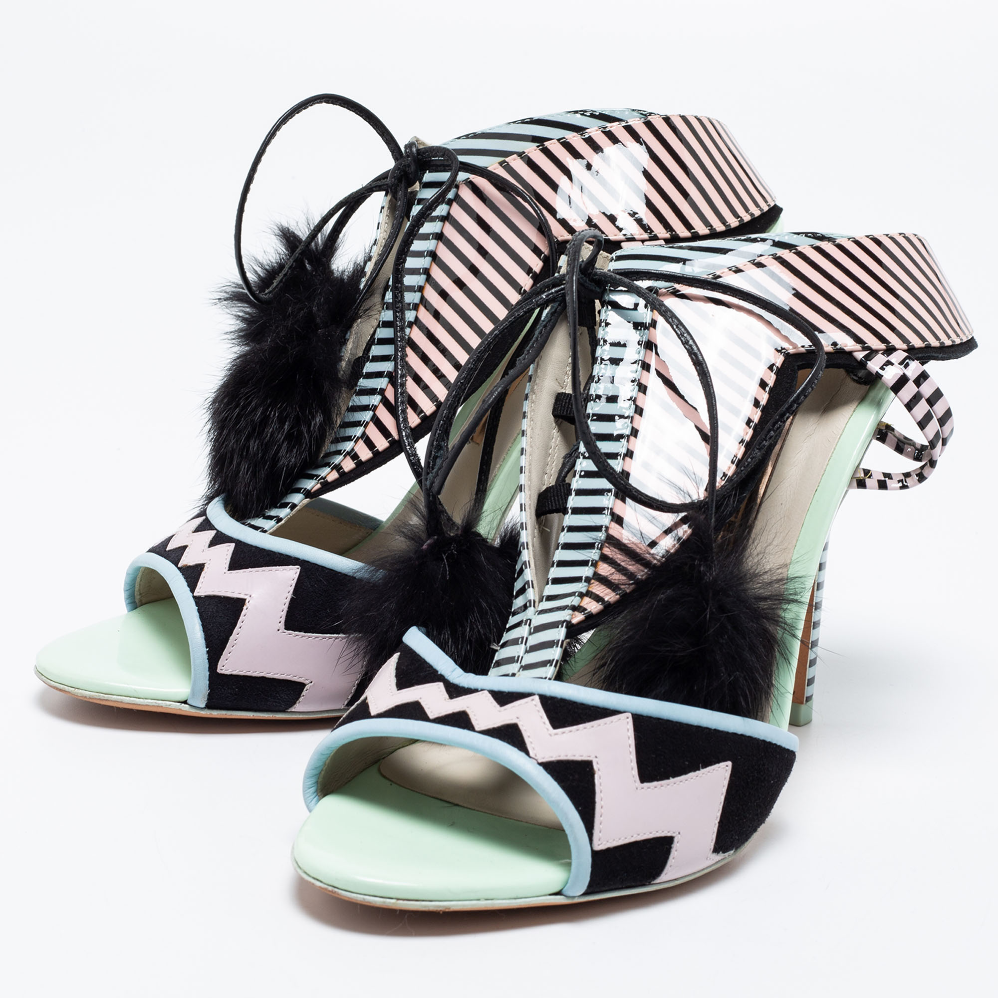 

Sophia Webster Multicolor Patent Leather And Rabbit Fur Pom Pom Ankle Tie Up Sandals Size