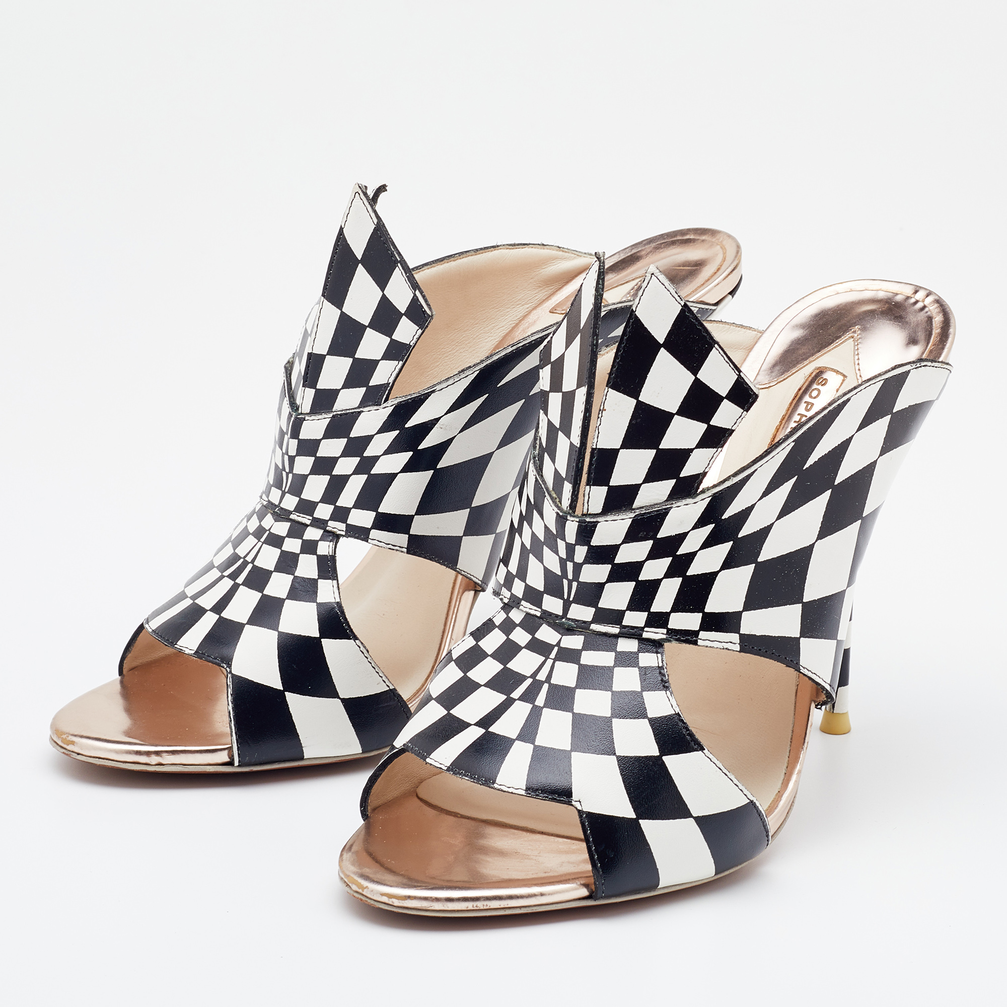 

Sophia Webster White/Black Check Print Leather Slide Sandals Size