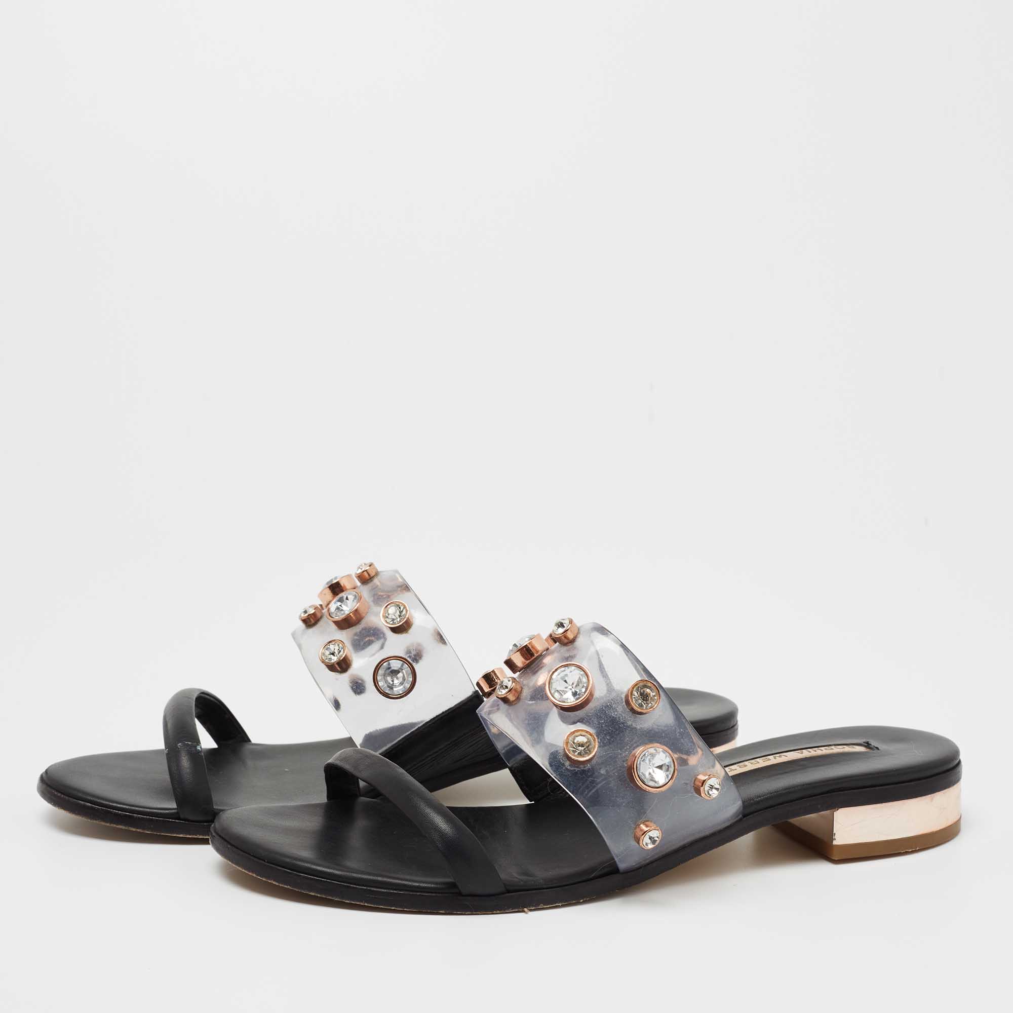 

Sophia Webster Black/Transparent Leather and PVC Dina Gem Slide Sandals Size