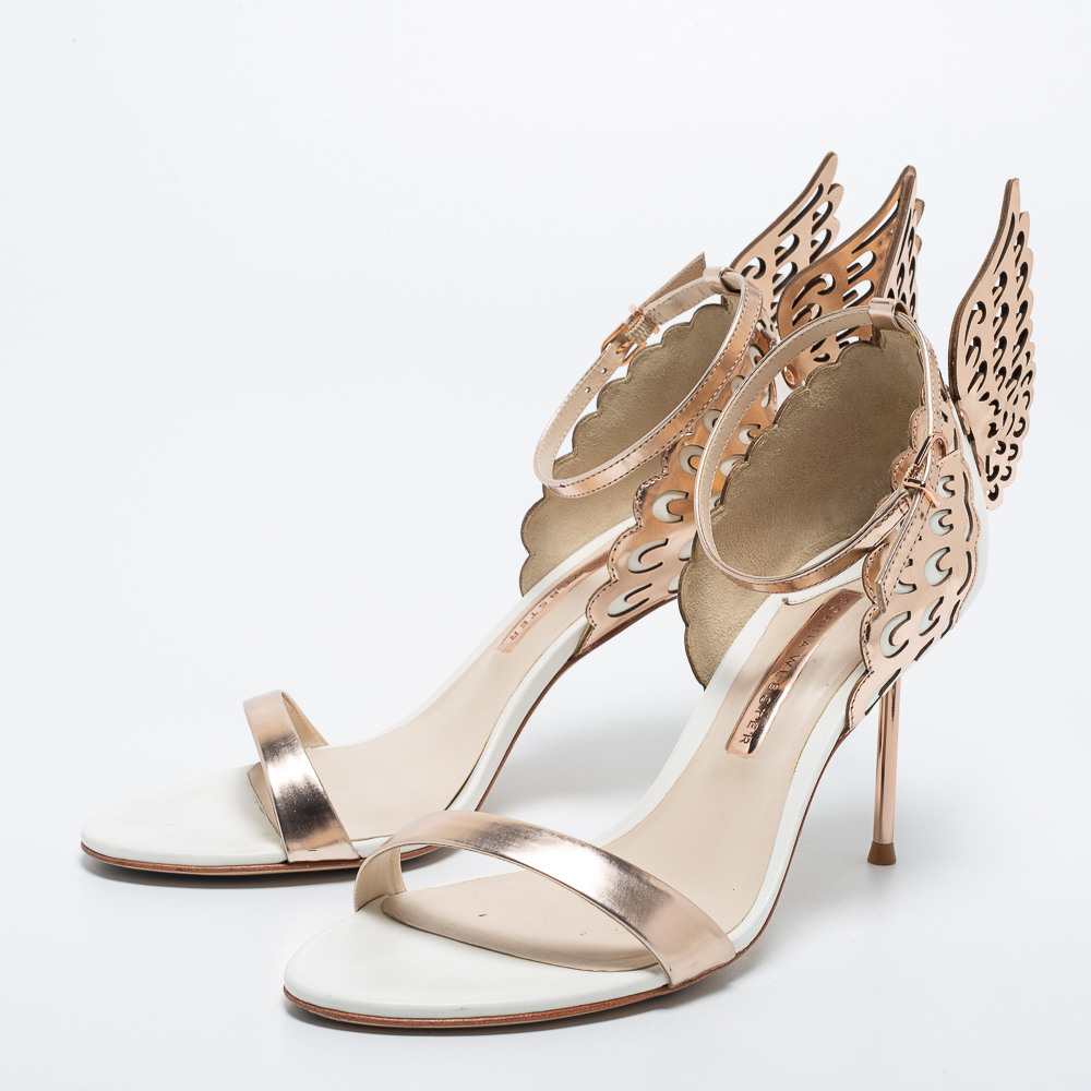 

Sophia Webster Rose Gold/White Leather Evangeline Laser Cut Angel Wing Ankle Strap Sandals Size