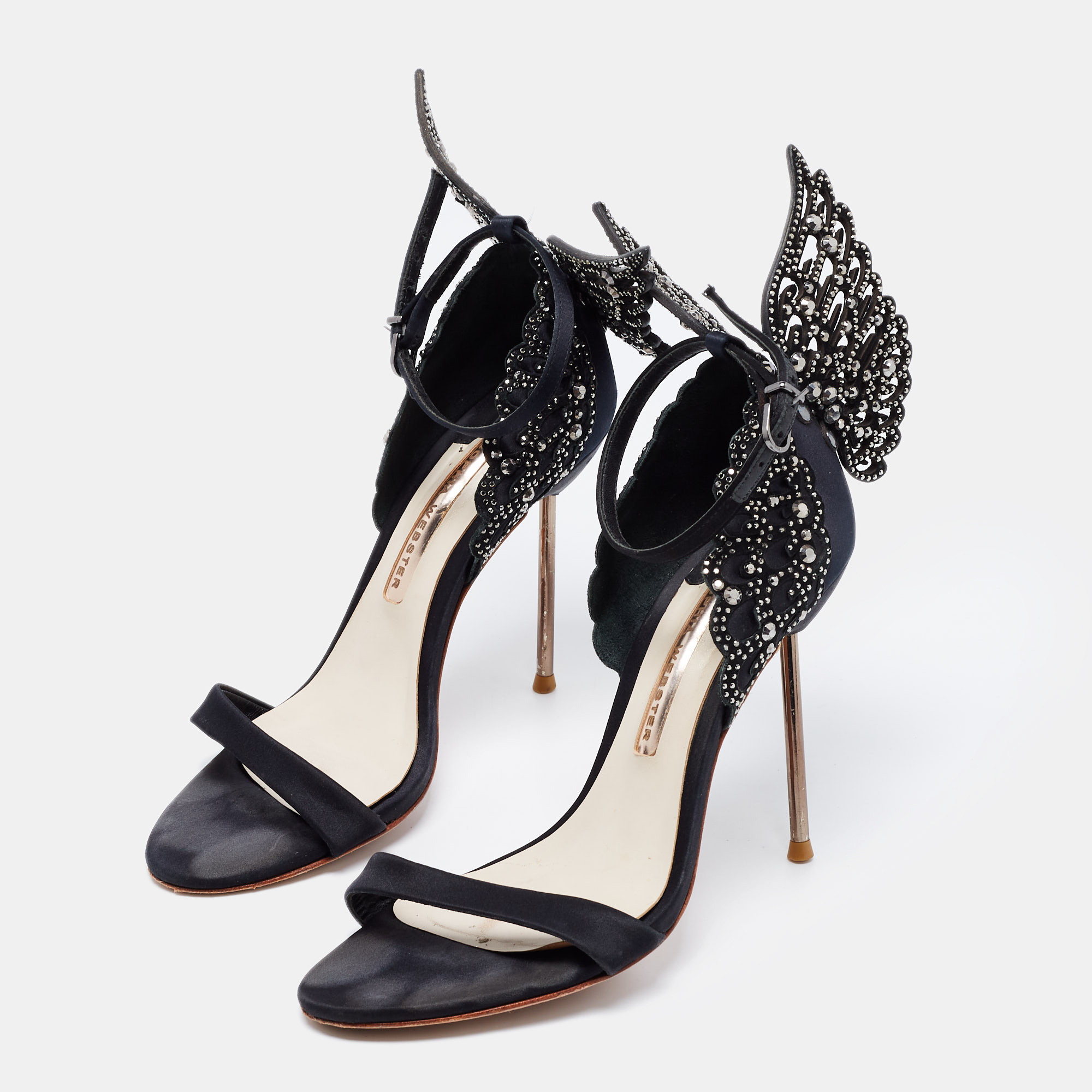 

Sophia Webster Black Satin Crystal Embellished Evangeline Sandals Size