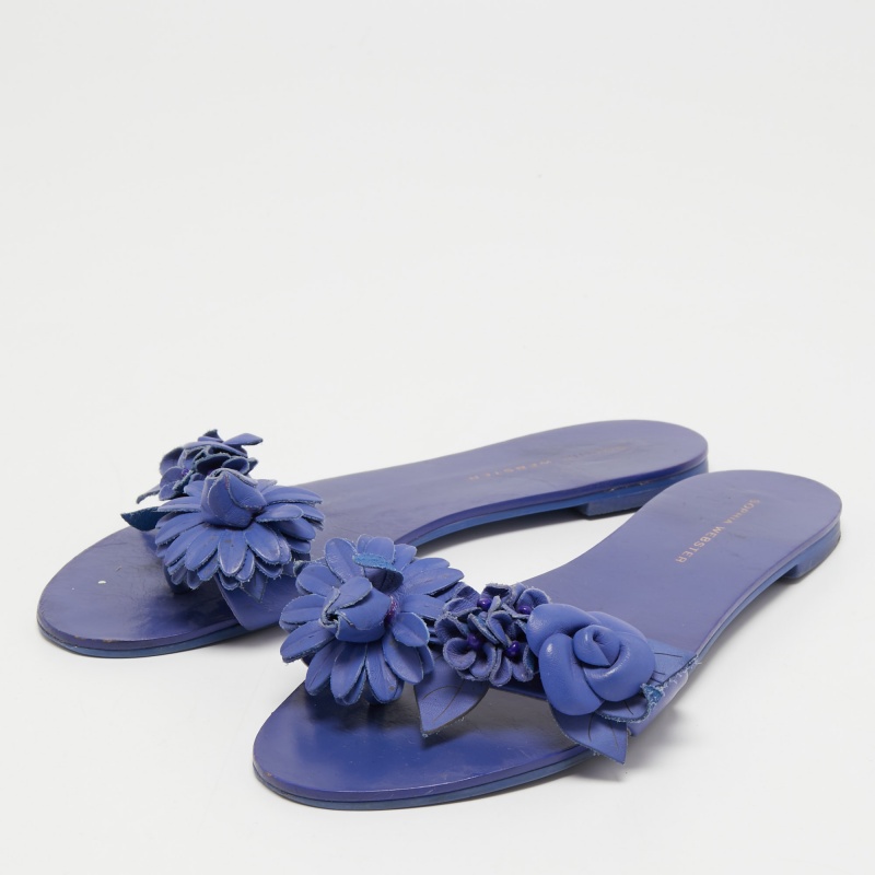 

Sophia Webster Blue Leather Lilico Floral Flat Slides Size