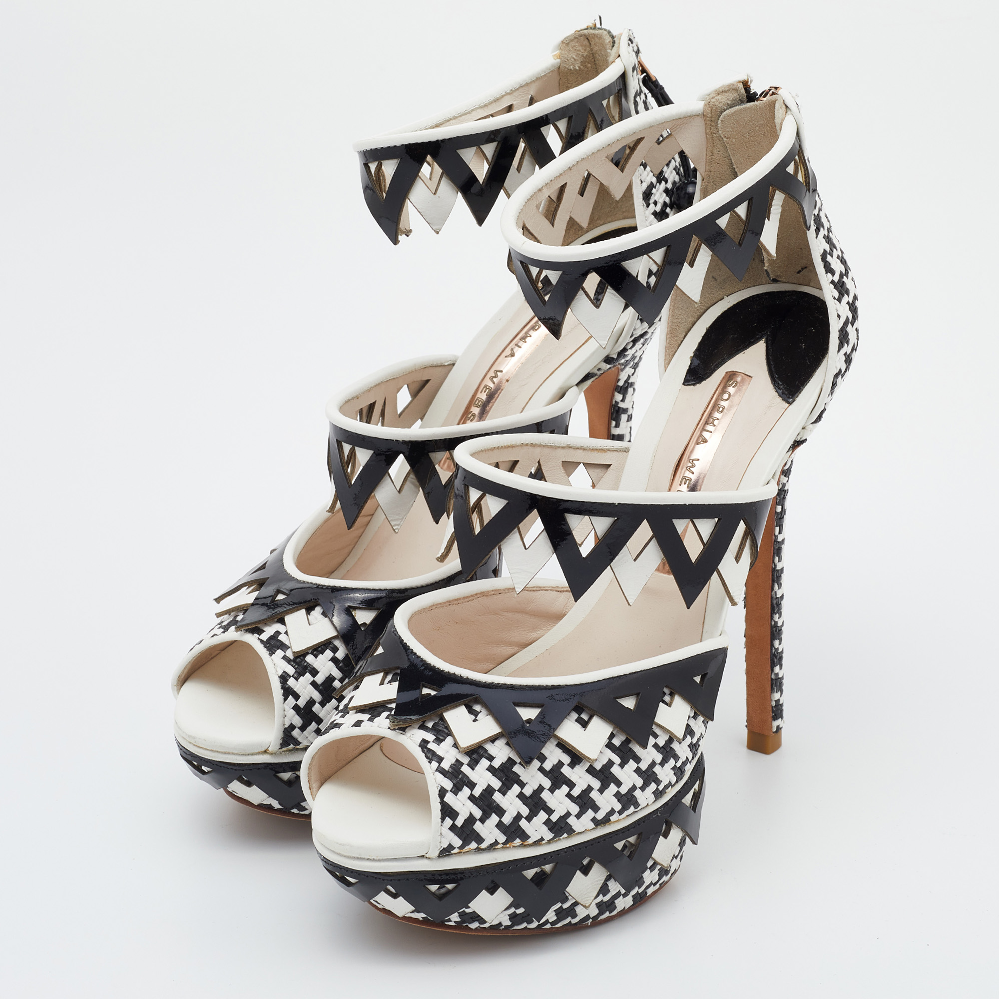 

Sophia Webster Black/White Woven Raffia and Leather Platform Ankle Strap Sandals Size