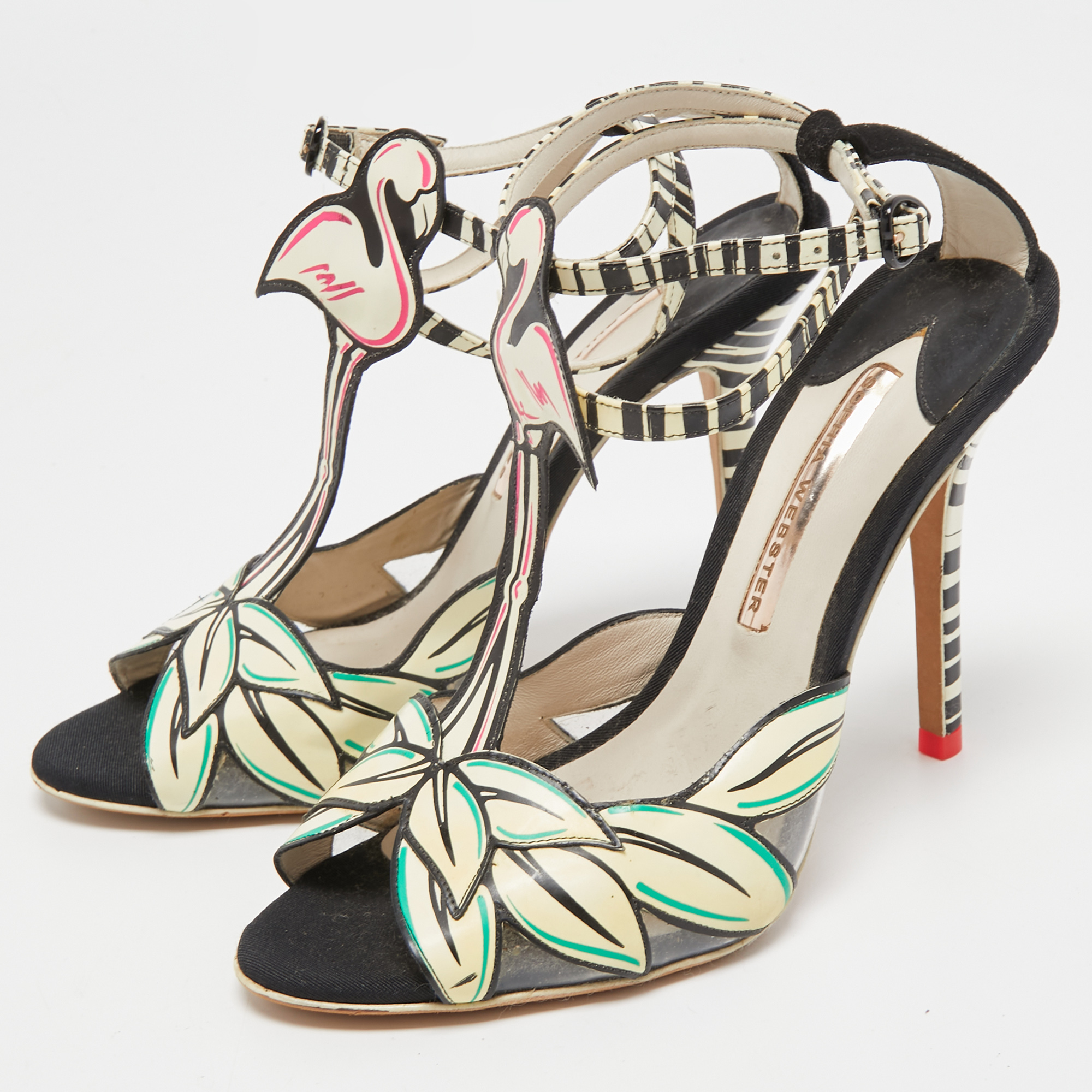 

Sophia Webster Multicolor Patent Leather and Suede Flamingo T Bar Ankle Strap Sandals Size, Navy blue