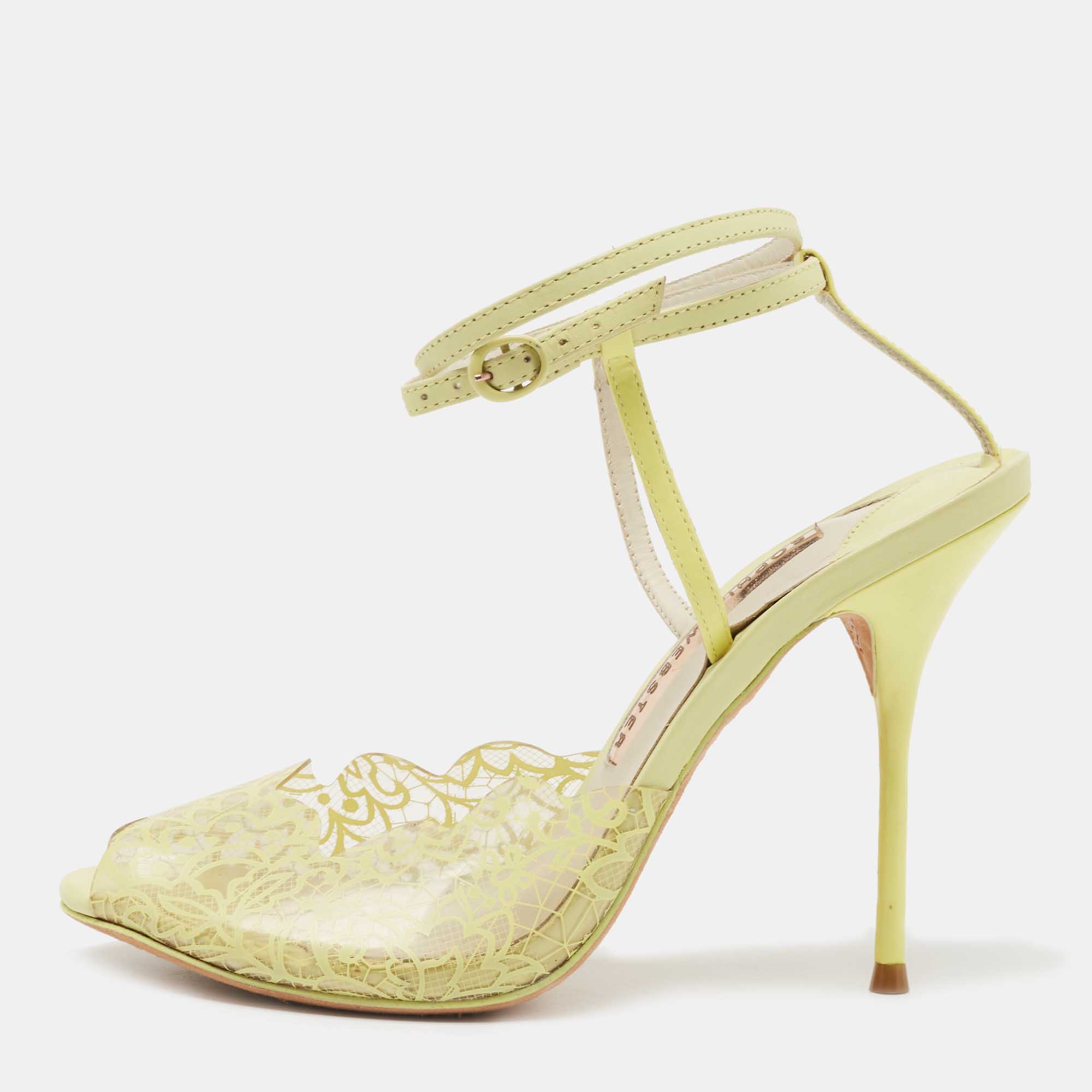 

Sophia Webster Yellow Leather and Lace Print PVC Peep Toe Ankle Strap Sandals Size