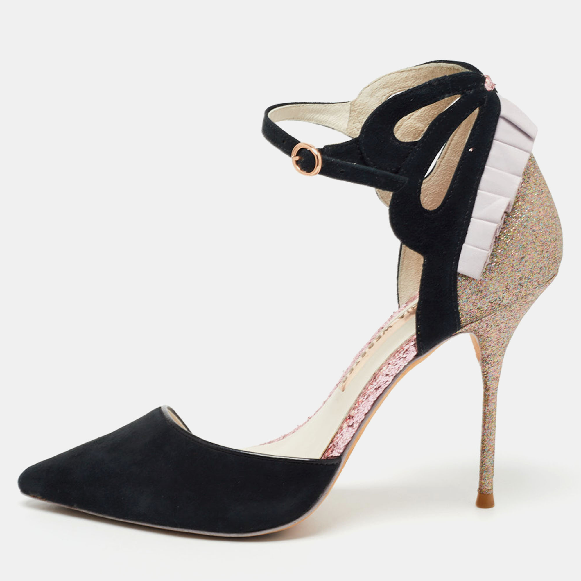 Pre-owned Sophia Webster Black/metallic Suede And Glitter D'orsay Ankle Strap Pumps Size 37