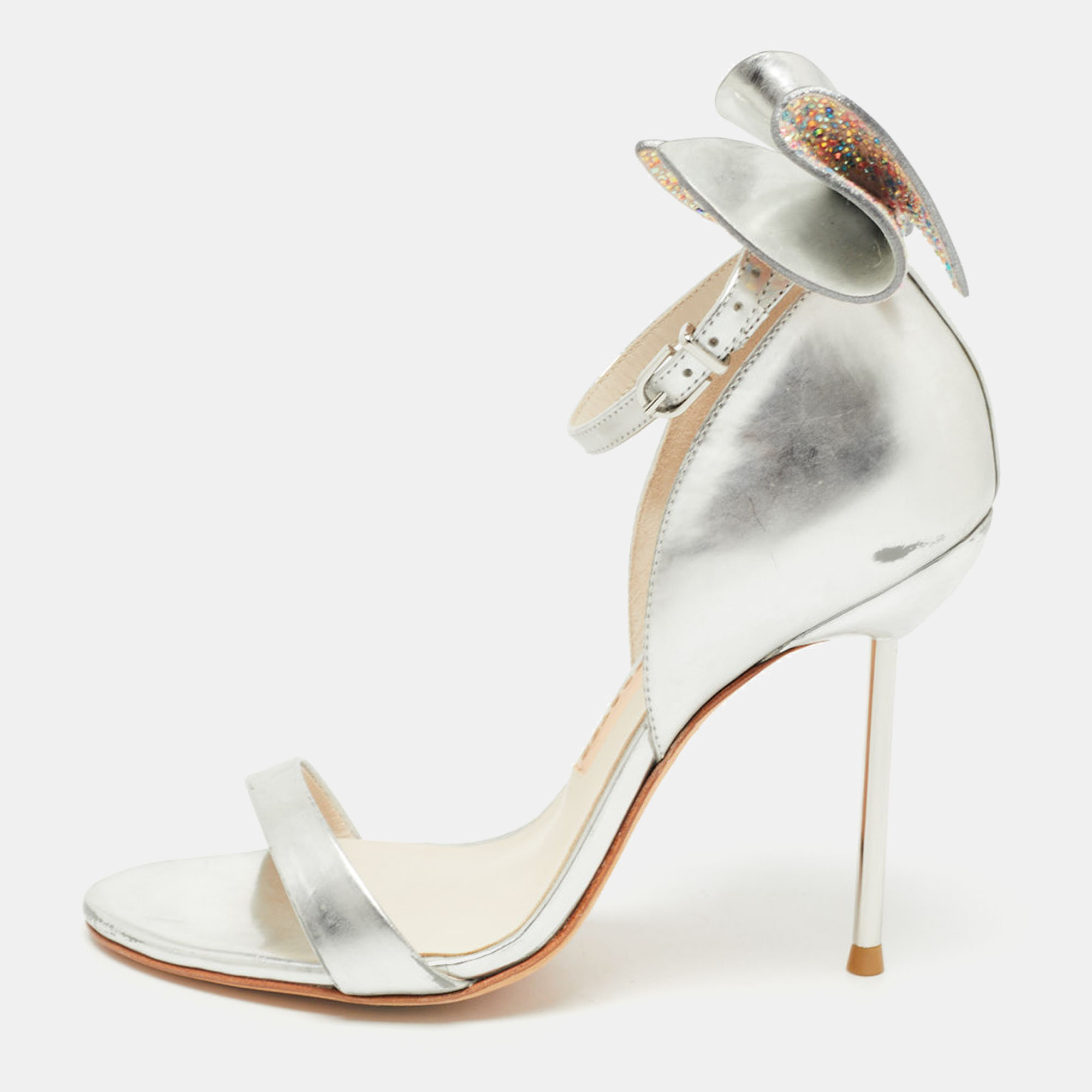 Pre-owned Sophia Webster Metallic Silver Leather Chiara Butterfly Ankle Strap Sandals Size 35.5