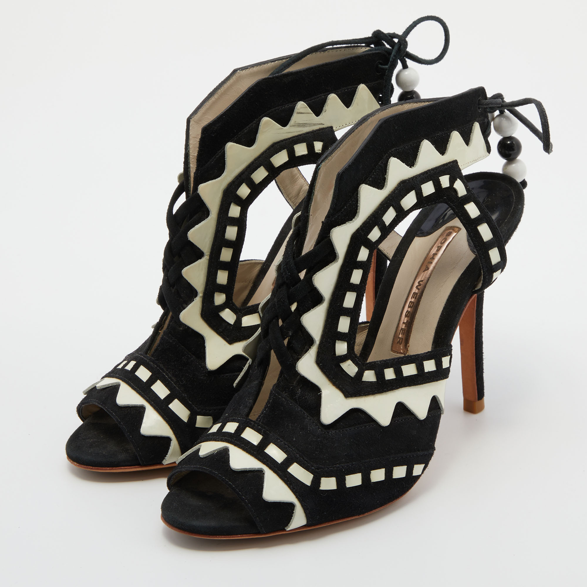 

Sophia Webster Black/White Suede and Patent Leather Riko Cut Out Ankle Sandals Size