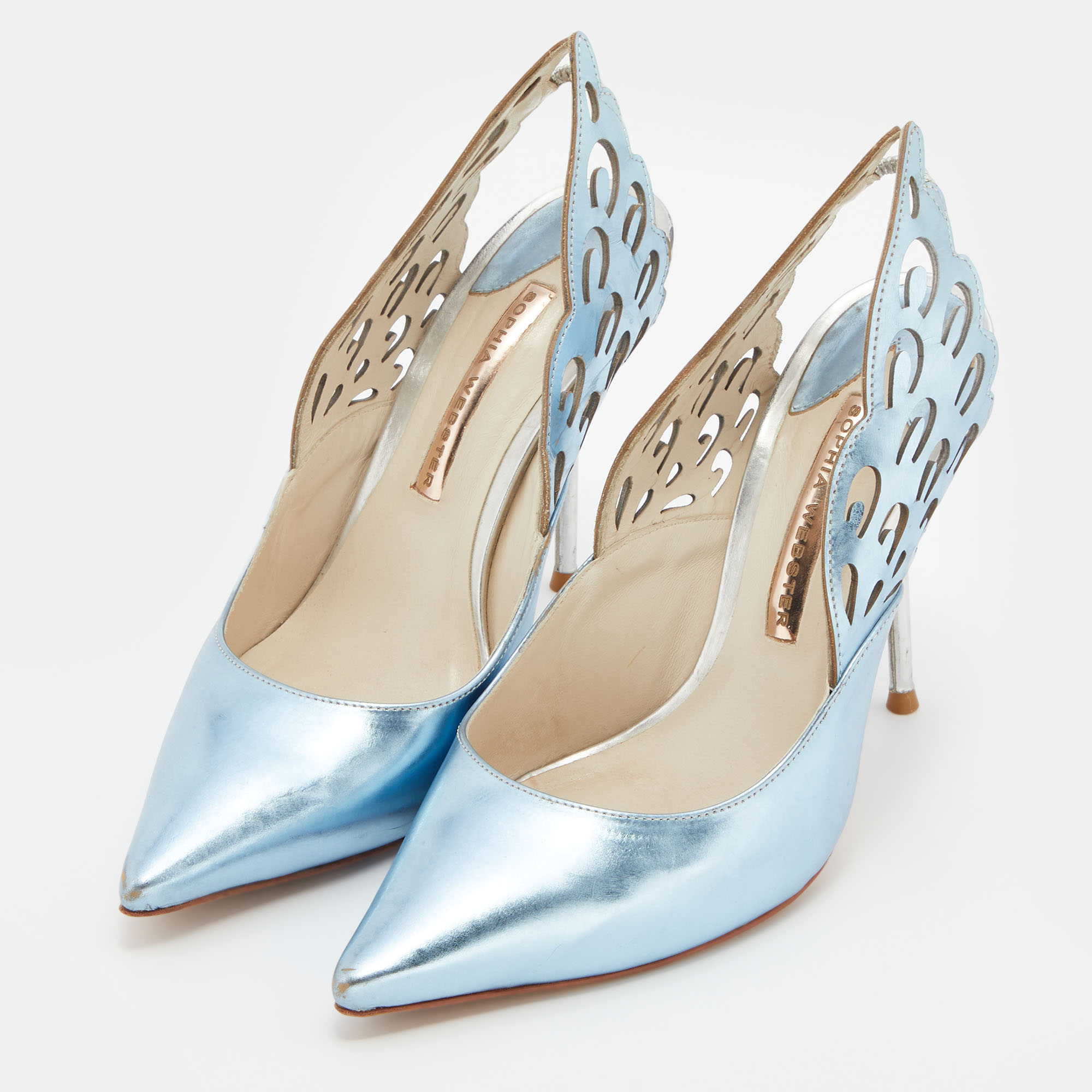 

Sophia Webster Metallic Blue/Silver Leather Angelo Pointed Toe Slingback Pumps Size