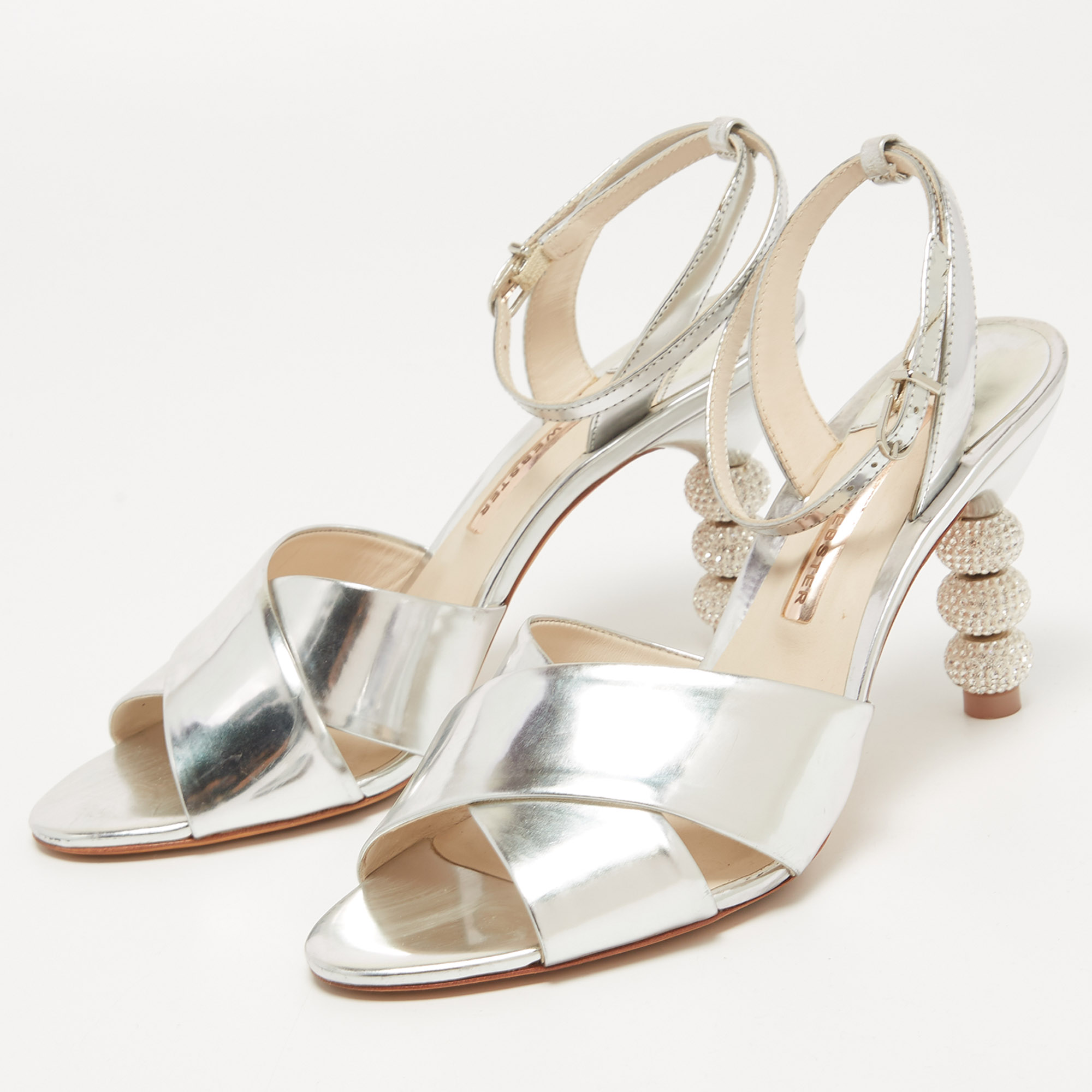 

Sophia Webster Silver Leather Crystal Embellished Heel Ankle Strap Sandals Size