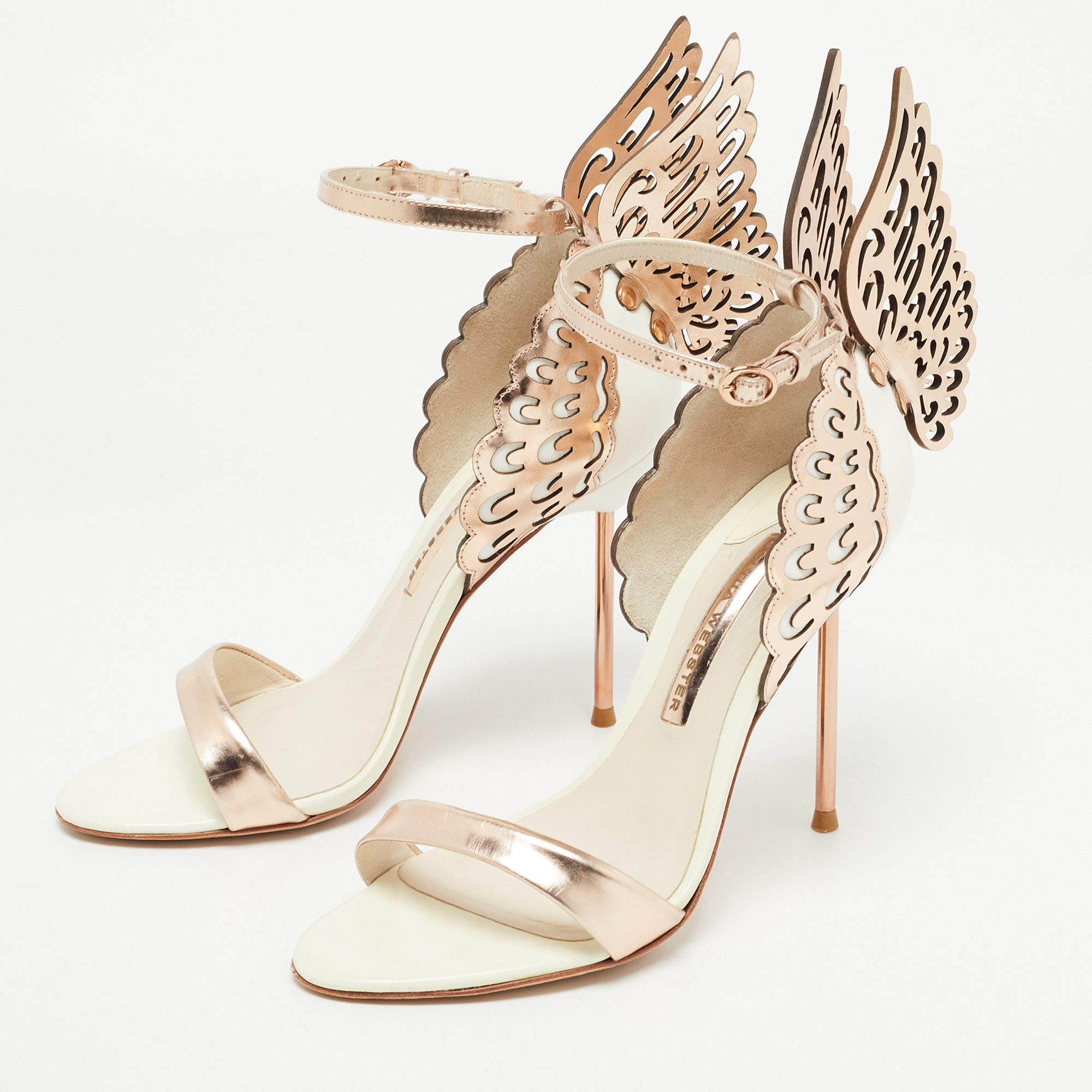 

Sophia Webster Gold/White Leather Evangeline Laser Cut Angel Wing Ankle Strap Sandals Size