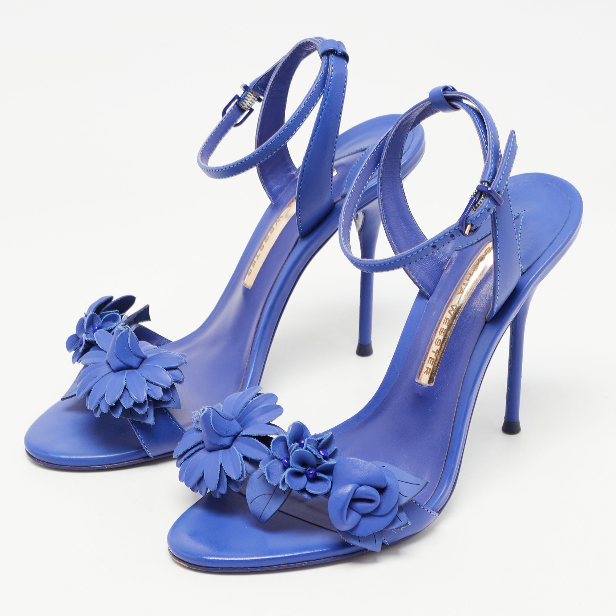 

Sophia Webster Blue Leather Lilico Floral Embellished Ankle Wrap Sandals Size