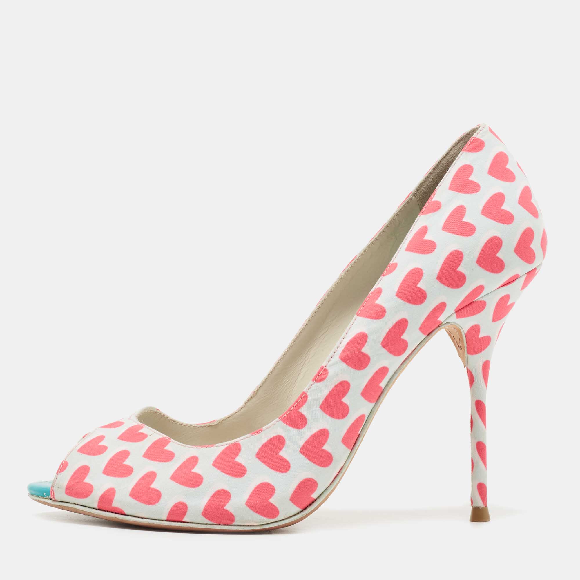 Pre-owned Sophia Webster Two Tone Heart Print Fabric Peron Peep Toe Pumps Size 38 In Pink